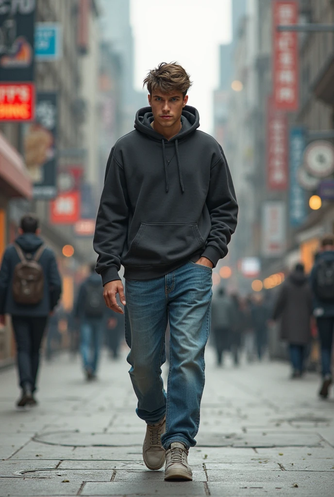 (photorealism:1.2), (cyberpunk), A handsome young boy is walking in public area, backpack, earphones, wearing black hoody thight sweater and rocker jeans, sneakers, holding a cellphone, ((realistic)), intricate details, warm colors, by Greg Rutkowski, by Alphonse Mucha