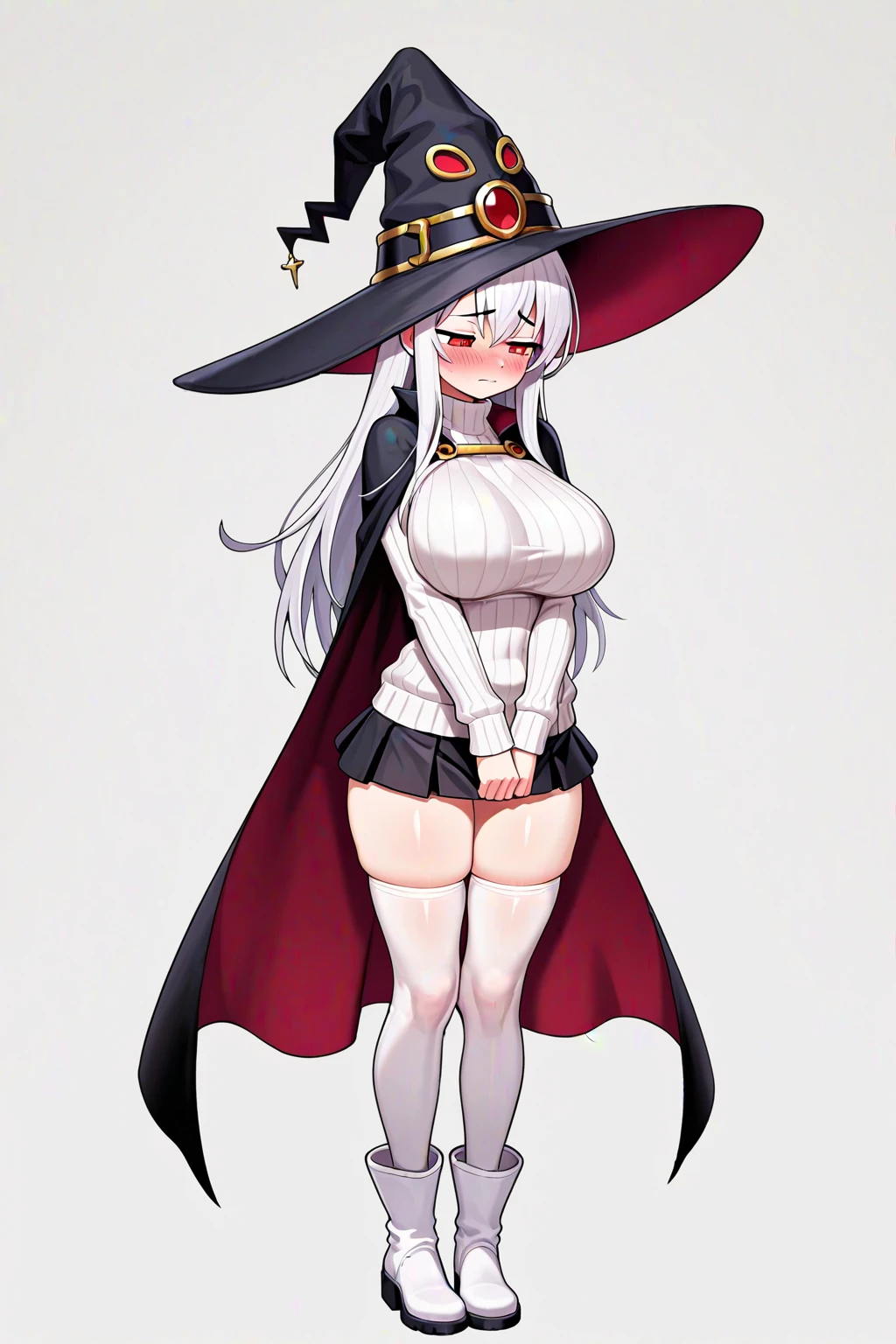 female, silver long hair with black highlights, red eyes, (((1girl))), (((red gothic dress with black trim))), (red witch hat with black trim), (red lace up ankle boots), (black stockings), cute and sexy, full body, huge breasts, large butt, long legs, smiling