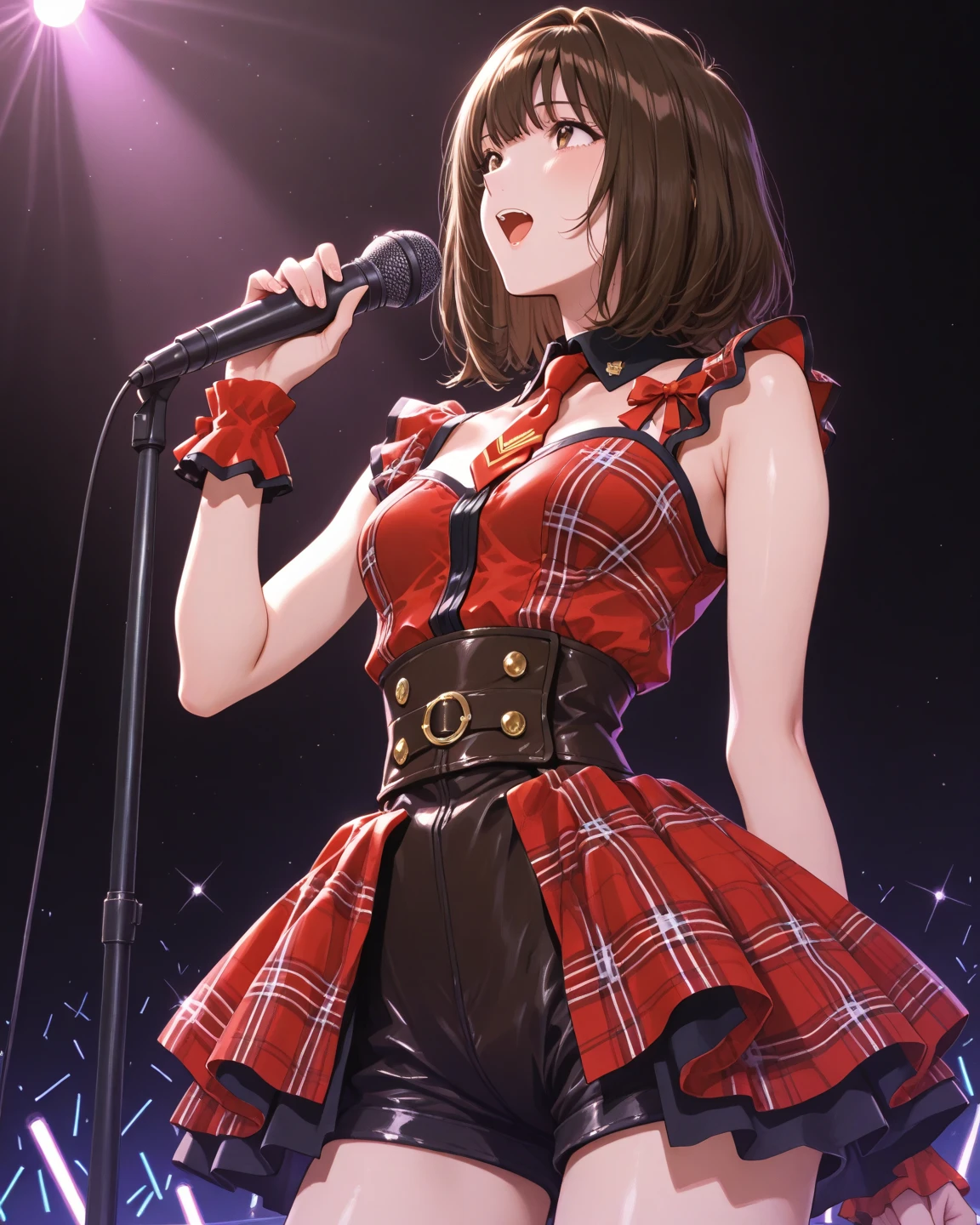 ((Best of the highest quality, 8k, Masterpiece, raw photo: 1.3)), (Great artist style, Alphonse Mucha, Gustav Klimt: 0.92), Sharp focus, (1girl: 1.1), face focus, cute face, finely eyes, portrait, (k-pop idol, on the stage, microphone: 1.16), stage costume, skirt, (brunette short bob hair, forehead: 1.1), small smile