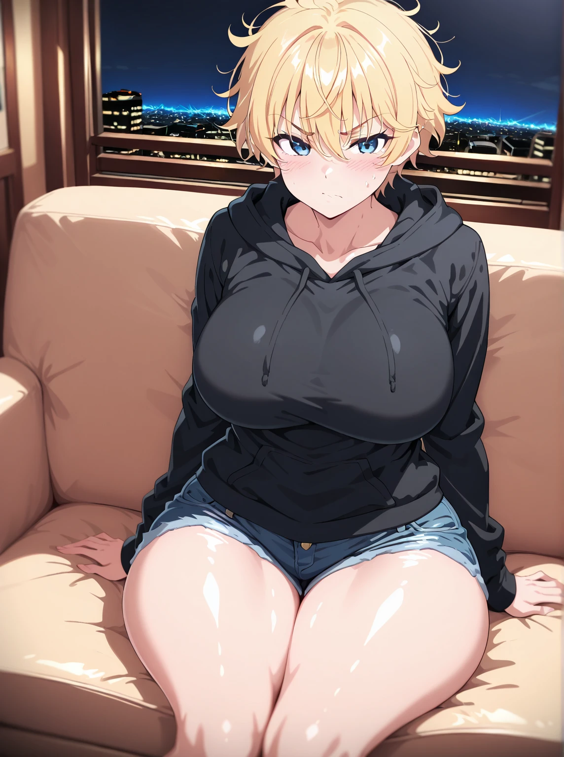 1 girl、18-year-old、cute、anime style、realistic face、blonde、short hair、black jacket、white sleeveless 、jeans、brown belt、show cleavage、big breasts、Glaring face、legs open, crossed legs