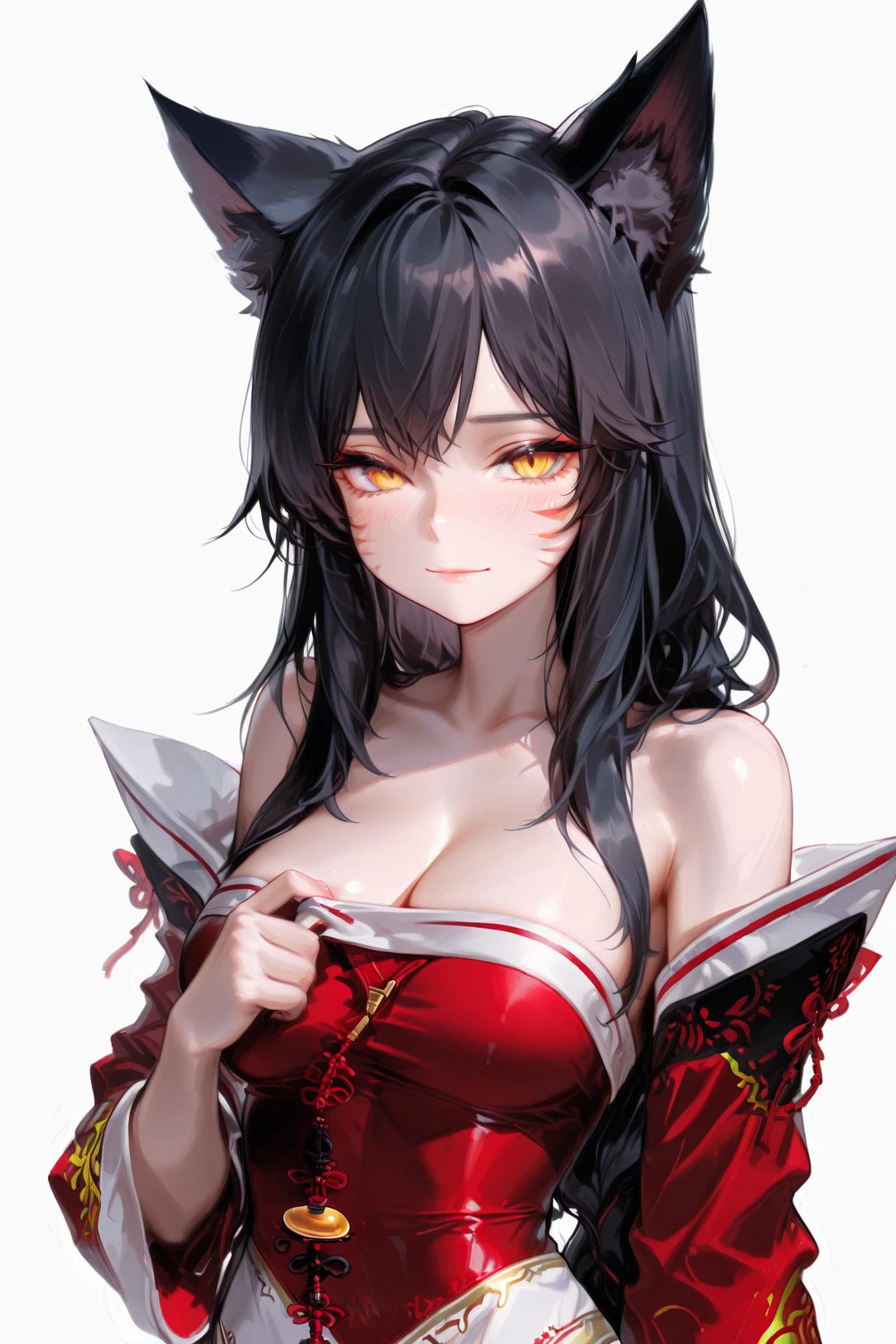 *8k Masterpiece, Top Quality, Best Quality, Official Art, (Beauty and Aesthetics: 1.3), Extremely Detailed, (Fractal Art: 1.3), Black hair. red eyes. Juicy lips with a smirk. cat ears. sexy pose. black dress. big chest. skimpy