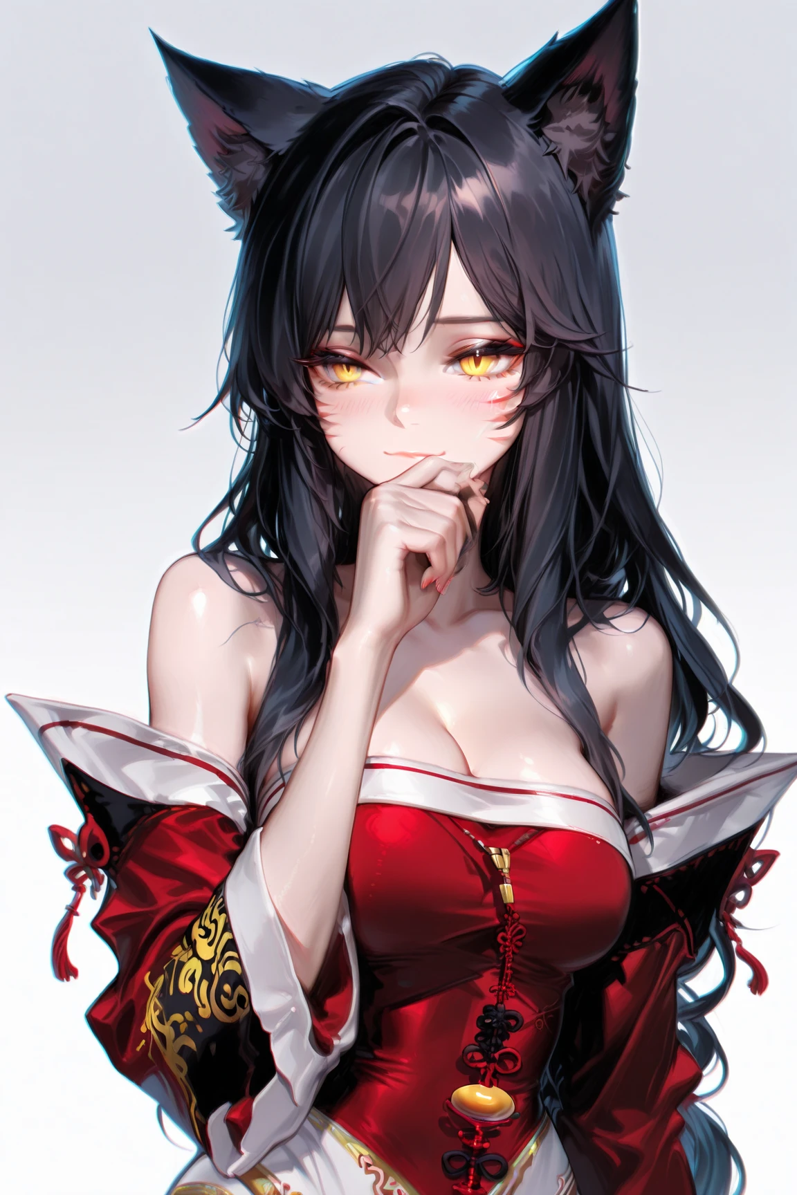 crossdressing,tsurime,orange eyes,fox_ears,Fox tail,red_hair,Low-tied long hair,hanfu,1boy, huge breast , golden eyes , detailed face