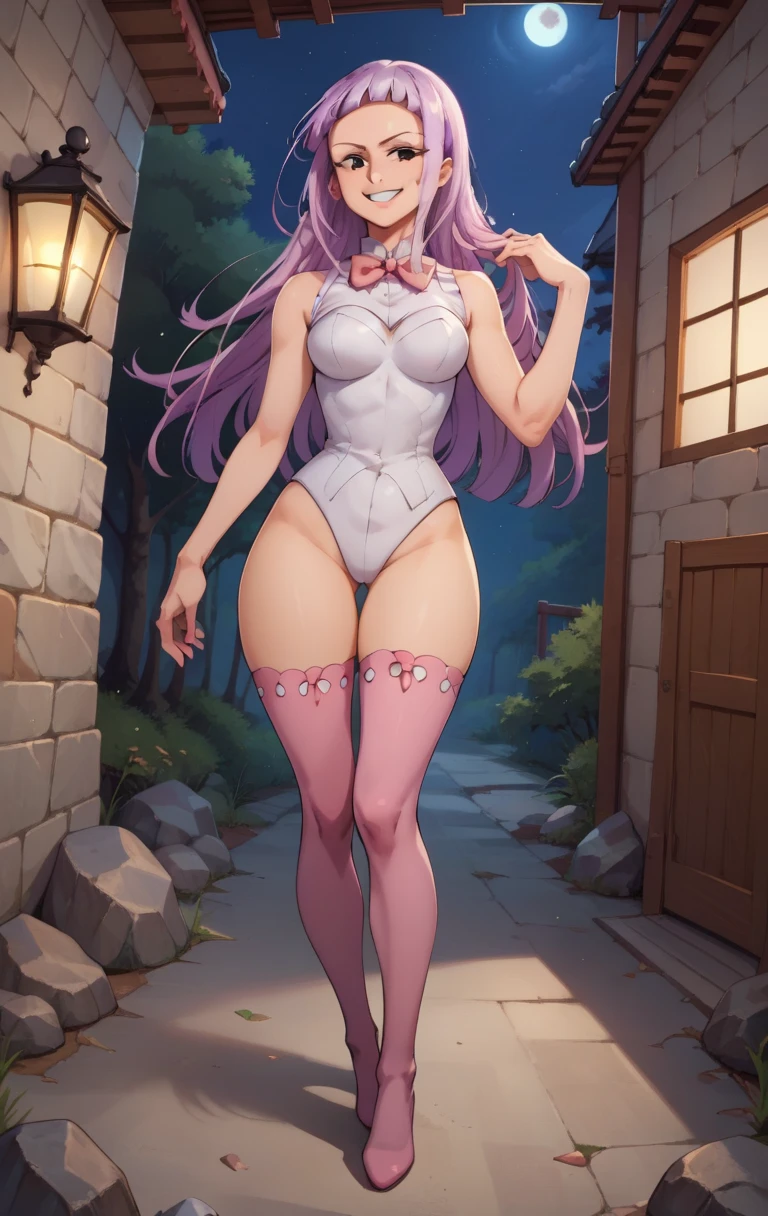 2d, masterpiece, ((walking)), best quality, full body, full pose, anime, highly detailed, cowboy shot, 1girl, solo, yuri, purple hair, purple eyes, long hair, hair between eyes, hairclip, medium breasts, ((white tank)), pink panties, cameltoe, thights, ((garden background)), slim body, slim legs, bare legs, ((smug face)), blushing, red face, wet skin, ((sky from below:1.3)), ((woolen long socks))