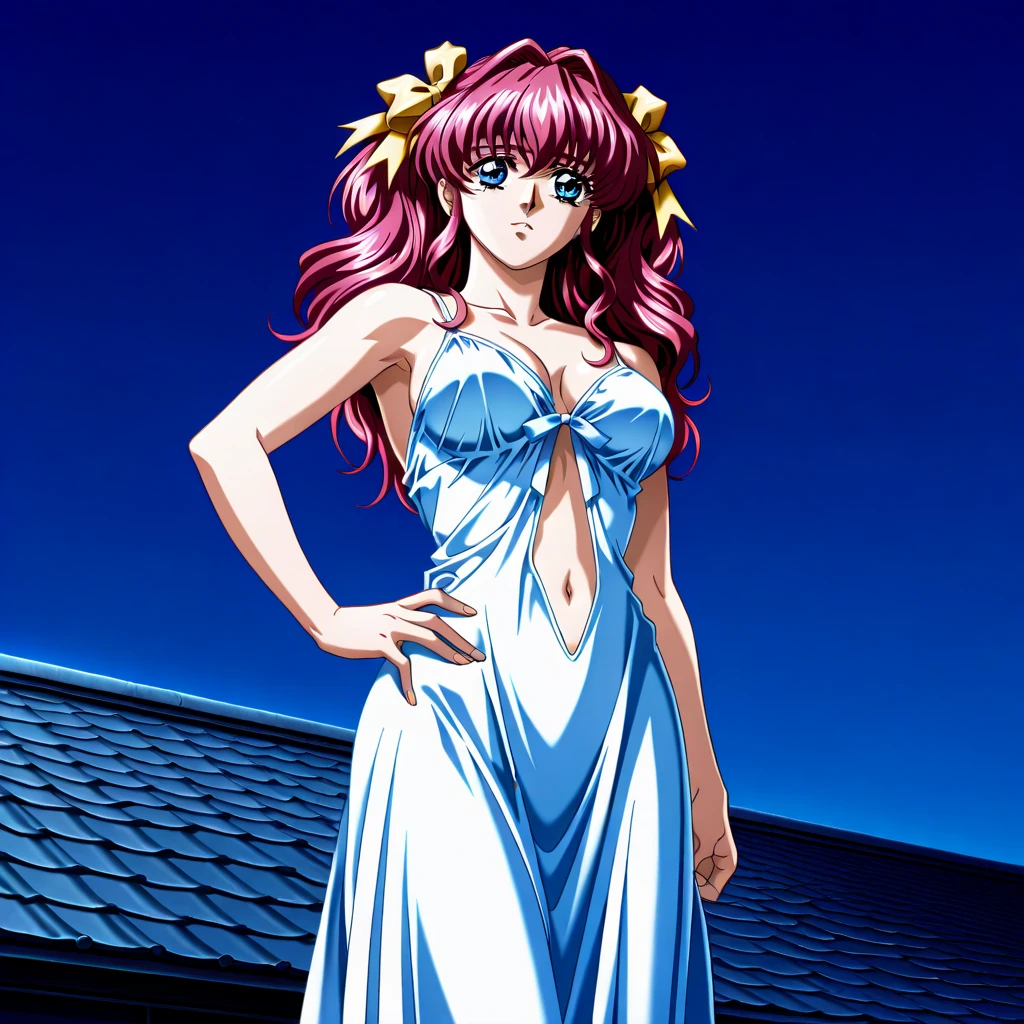(masterpiece, 4K, Best Quality, Anime style: 1.9, bold drawing lines, High color saturation, Detailed face, tall, Adult Woman, lovely, (cloud background), Drawing lines, high resolution, Anime, lacus4), 1girl in, Solo, curvy figure, Long hair, 鎖骨, scapular, Wavy Hair, Detailed wide hair bangs, Hair Ornament, Detailed reddish-pink hair, cleavage, large hands, (Big blue eyes, shiny eyes), Smile, closed mouth, Very happy, ((closed fists)), (laughing, open mouth), ((medium breasts)), ((shiny pink strapless wrestling leotard), (pink wrestling long boots), bare thighs, strong arms, biceps, rib lines, ((lean forward)), legs, standing, (hands on hips), happy, bare shoulders, (bare thighs, exposed navel, shiny skin, exposed belly button, hips)