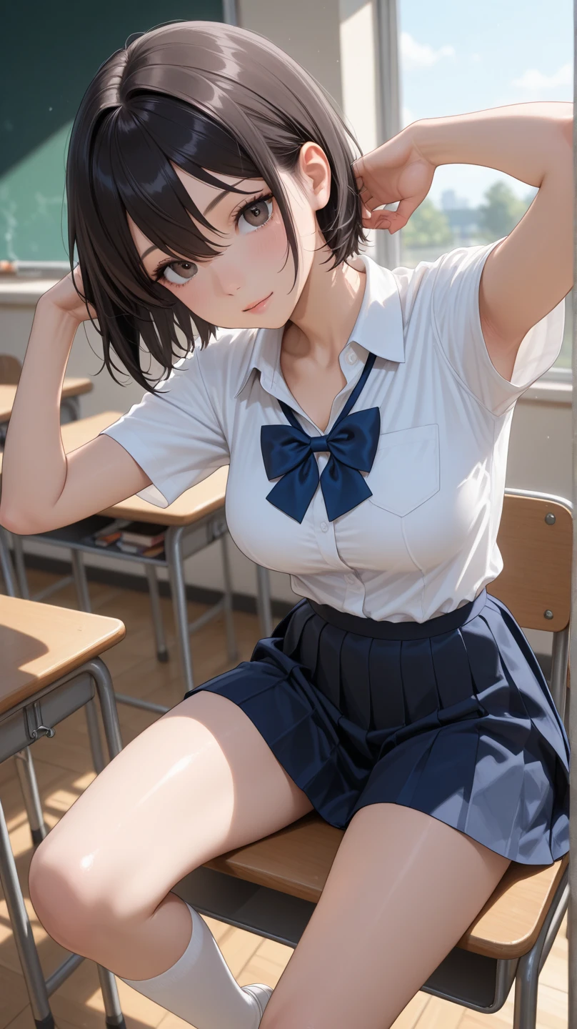 (masterpiece:1.2, highest quality), (realistic, photorealistic:1.4), beautiful illustrations, 
looking at the viewer, whole body, Front view:0.6, 
1 girl, Japanese, high School girl, ((ultra-short hair:1.5)), blown hair, bangs, hair between eyes, big breasts:2.0, 
beautiful hair, beautiful face, beautiful and detailed eyes, beautiful clavicle, beautiful body, beautiful breasts, beautiful thighs, beautiful feet, beautiful fingers, 
(beautiful scenery), , School,
(( Grey plaid pleated skirt, Blue plaid bow tie)) white panties, 
(Are sitting on some table with knees up ,putting　 her toes on the table , the upper body is underwear, lift the skirt, open legs,joining her arms back of head and show her armpit directly), 
blush,  Fleshy thighs,cameltoe,