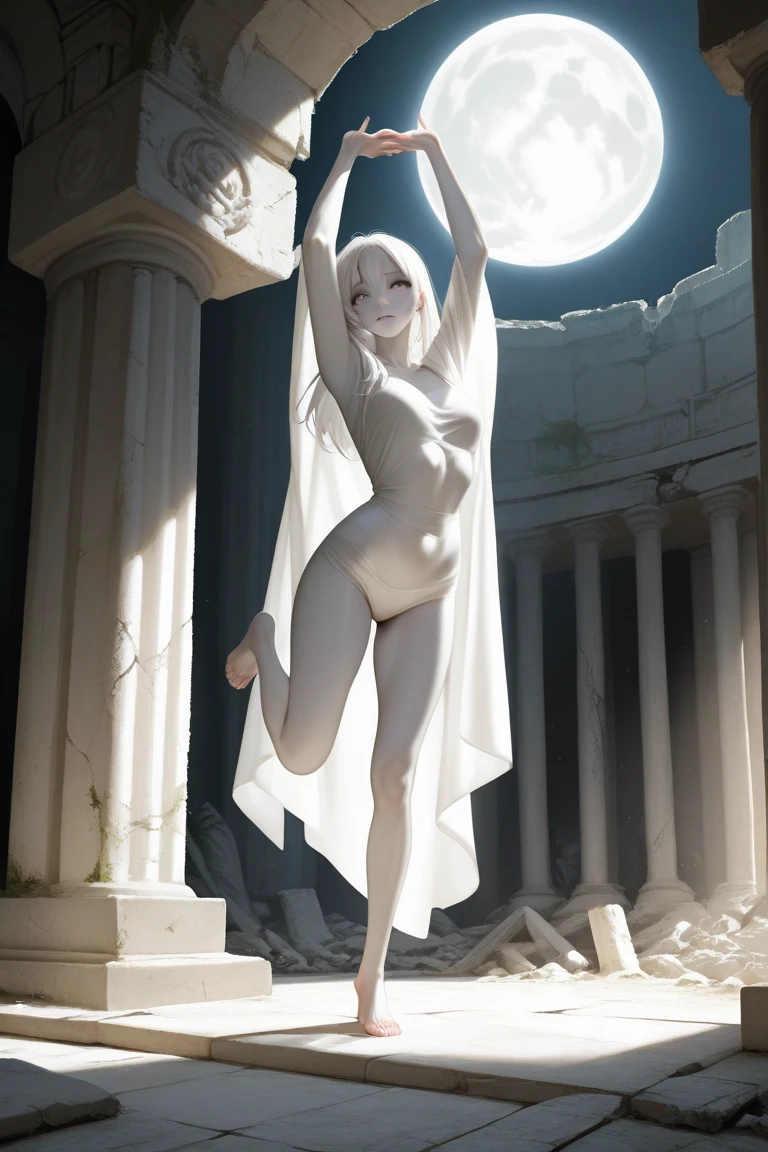 Marble statue of, full body figure, cleavage, tinted nipples, shiny stone skin, (naked: 1.4), detailed expression, thin circular pedestal, masterpiece, solid background, dark background, spotlight, high contrast, cinematic lighting, highest quality, best image quality