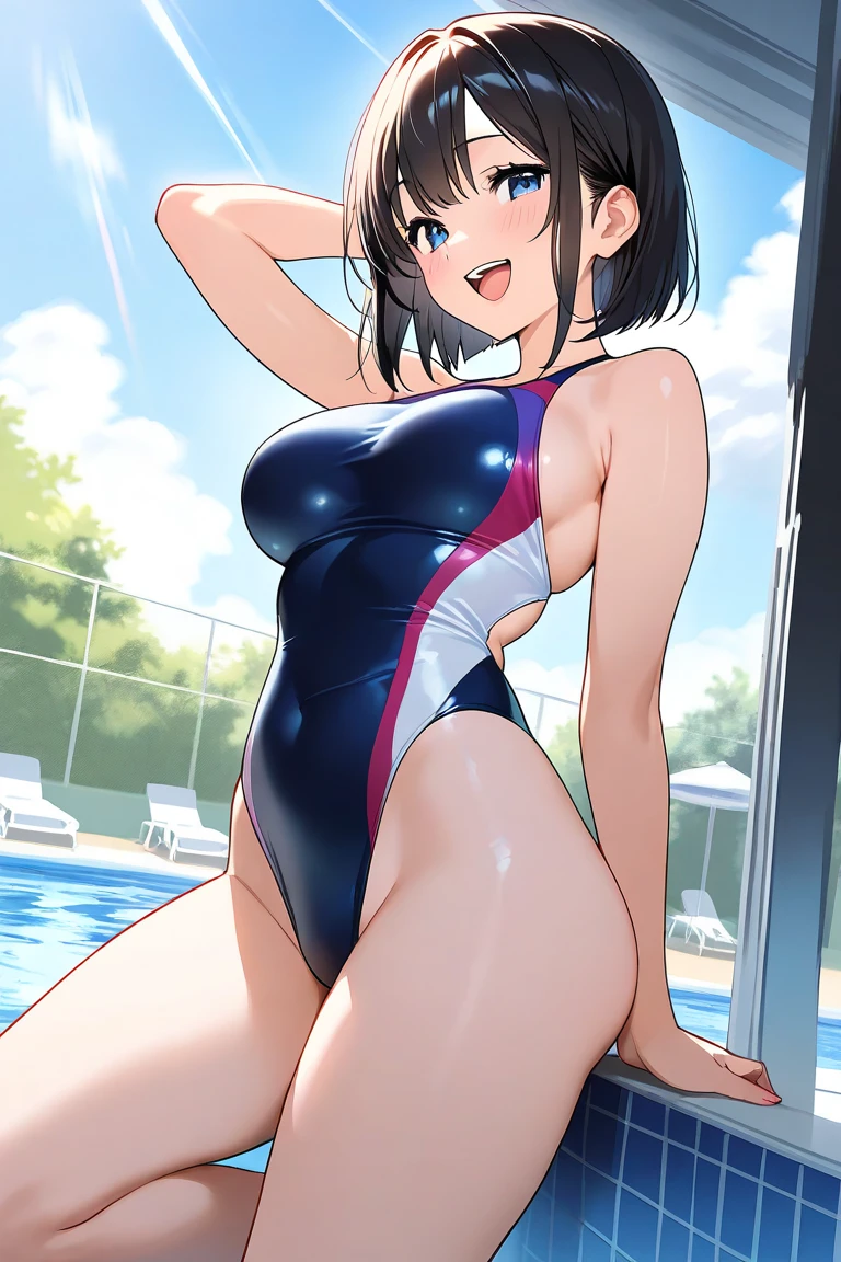 black hair, (short hair,very short hair),
competition swimsuit,, (best quality:1.3),1girl,
