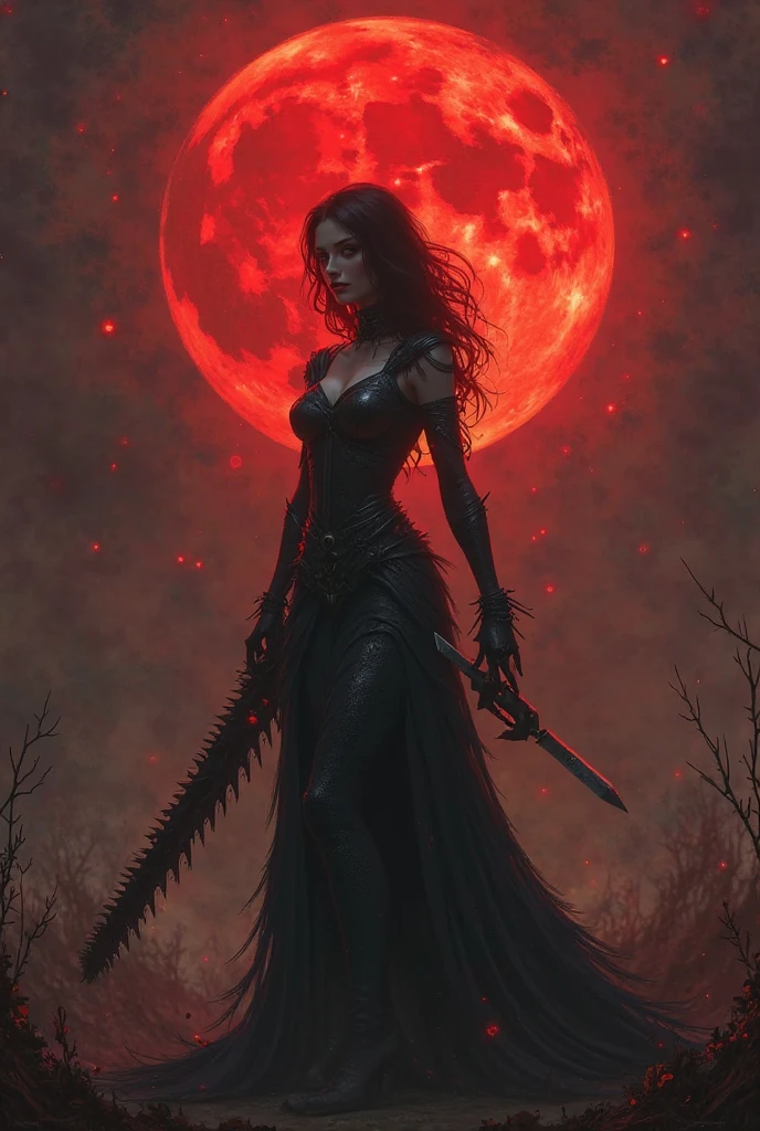 (Tabletop, Absurd quality, Highest quality, Official Art, beautifully、aesthetic: 1.2), (One Woman: 1.4), Very detailed, (Fractal Art: 1.3), colorful, Most detailed, Holding a female demon sword, (Positive::1.3), Action Painting Style, Dark grey and red, Andrzej Arrangements, anime, Dark and chaotic, Ultra-detailed illustrations, Wandering eyes