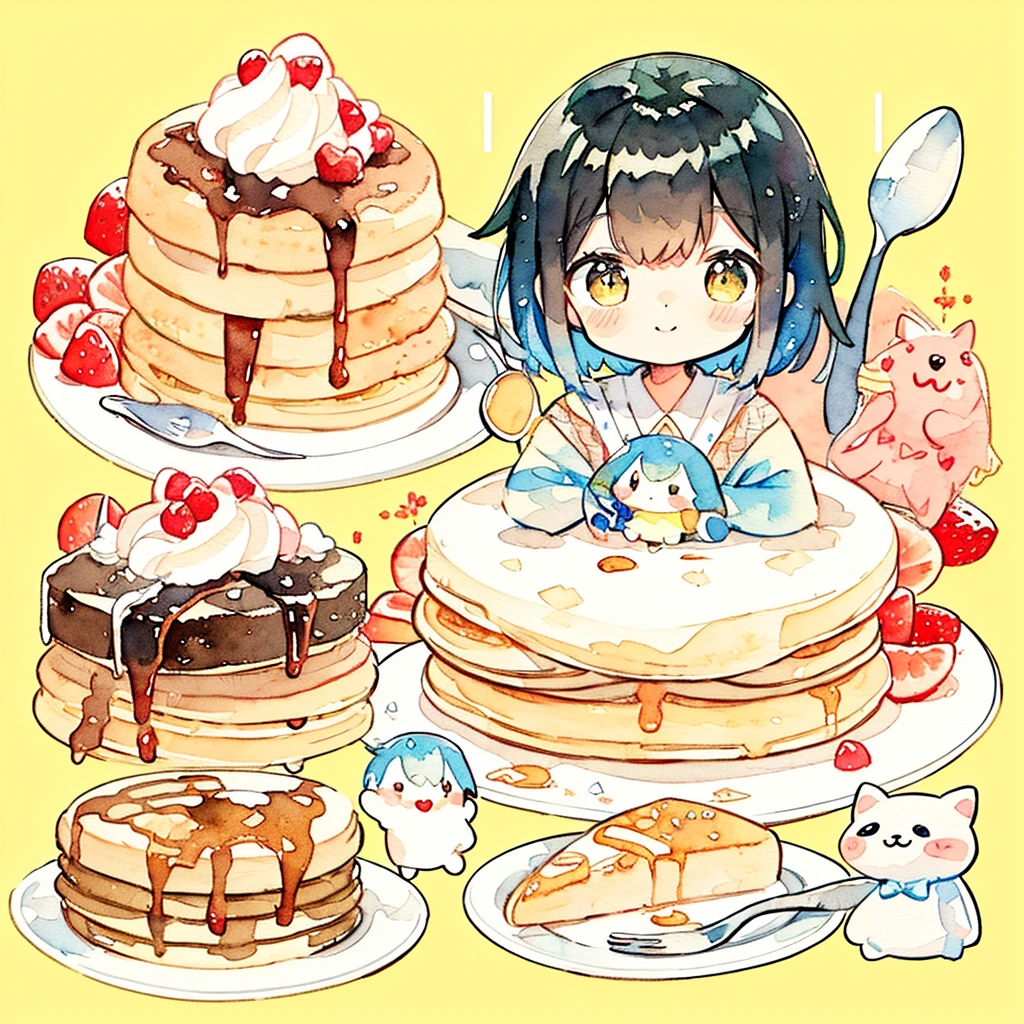 azhiichigo style,big eyes, thick lines, cute, 1girl, patisserie, limegreen, (bright green hair, yellow eyes,) round animal ears, open mouth, long green nails, jumping, beautiful citrus, pattern background, detailed bakery setting, cute soft colors, gray, silver eyes, silver hair,
