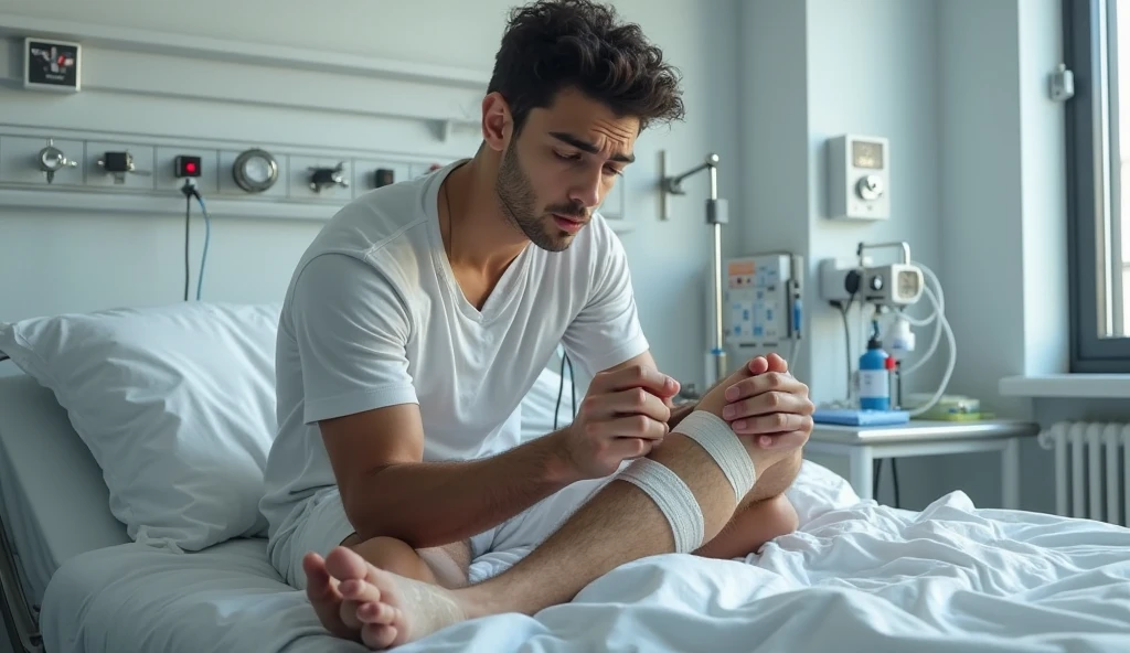 Shirtless man in bed serving his boyfriend with his feet and wearing high top Nike socks and the man is wearing surgical gloves 
 
