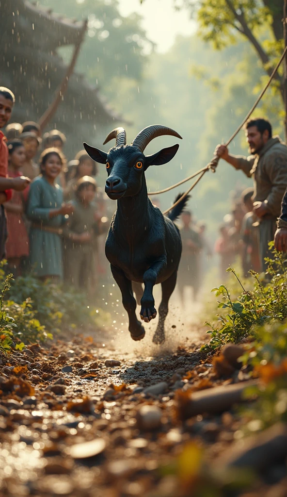 The boy is standing in front of a huge animal that is blocking the way of the people. The boy picks up a stone in his hand and prays. There is a look of faith on his face, and aggression on the face of the animal.