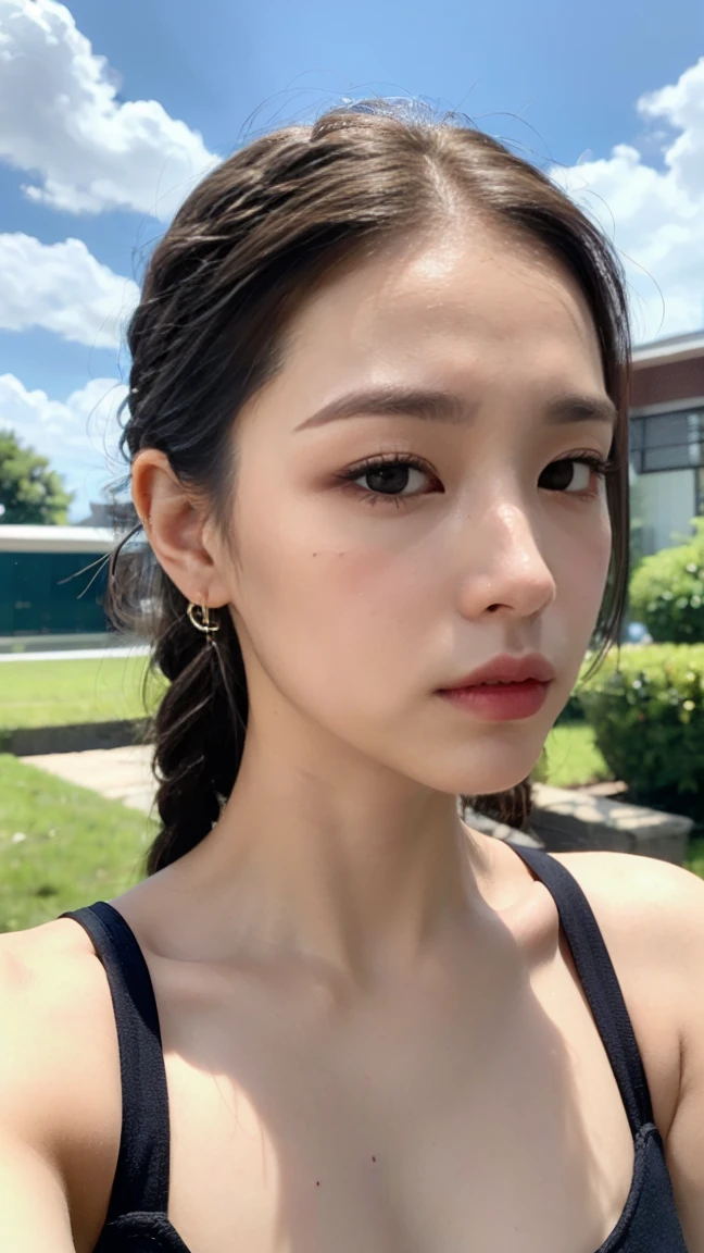 ((Best quality, 8k, Masterpiece :1.3)), 1girl, Pretty woman with emphasizing slender abs :1.3, (random hairstyles :1.2), Oversized tank top :1.2, Ultra-detailed face, Detailed eyes, Double eyelid, armpit