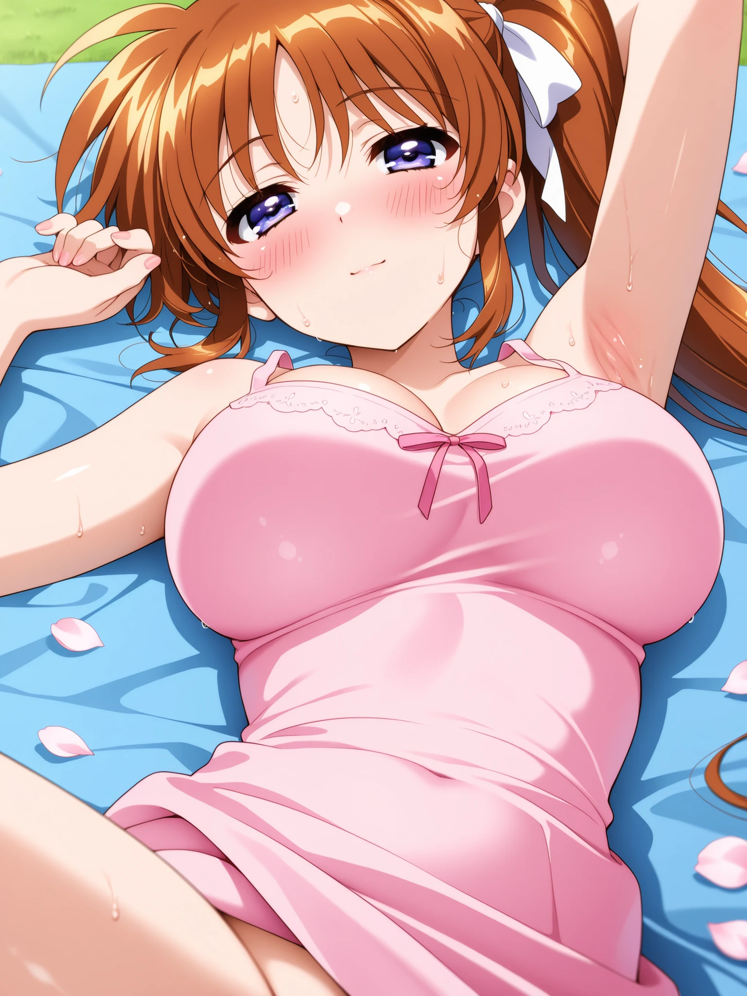 asuna, asuna_(sao), 1girl, fantasy, highres, looking_away, looking_to_the_side, original, realistic, scenery, Close-up, upper_body, smiling, action pose,on_bed,