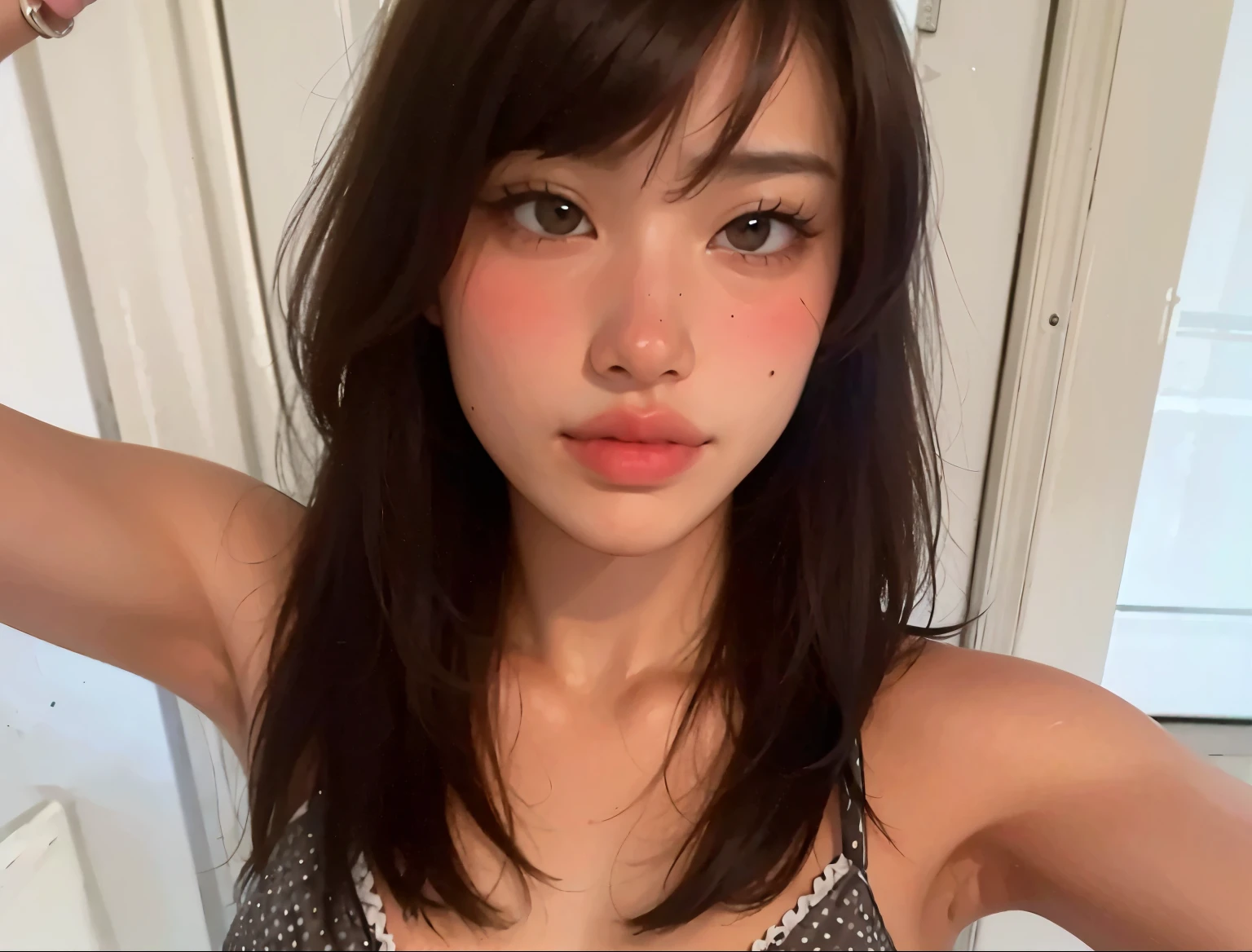 a close up of a woman laying in bed with a pink shirt, photorealistic!!!!!!! art style, kawaii realistic portrait, realistic. cheng yi, realistic anime 3 d style, korean girl, gorgeous young korean woman, hyper realistic anime, photorealistic anime, beautiful south korean woman, 3 d anime realistic, [ 4 k photorealism ]!!, photorealistic beautiful face