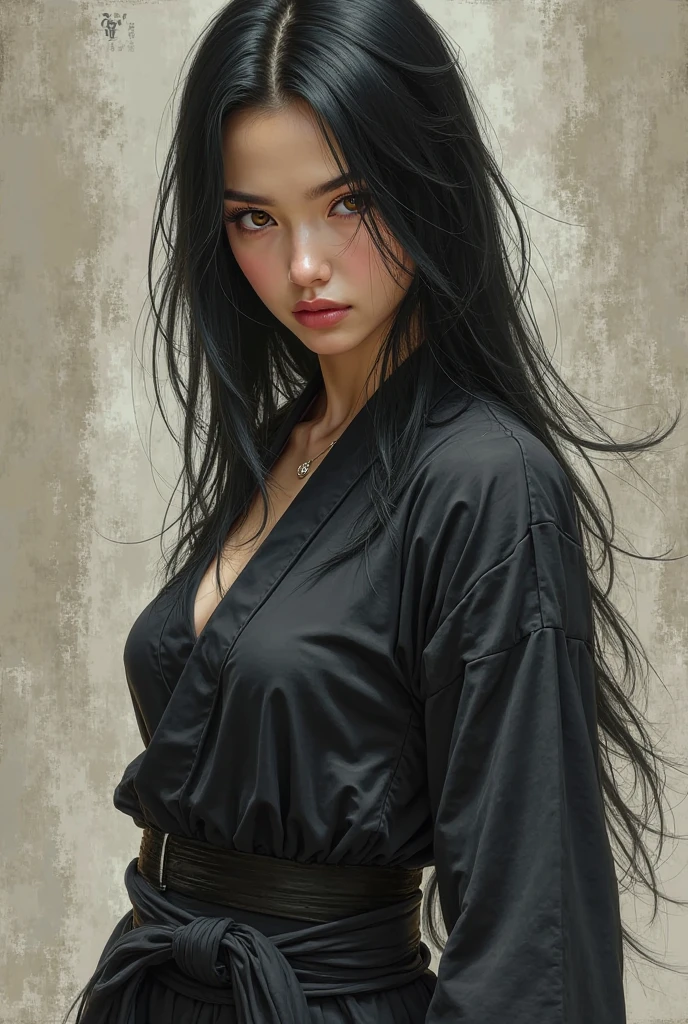 Yami, the Goddess of Chaos, Destruction, Death, Darkness, the End, and Omega
Clothes:
Yami’s attire is deliberately provocative, designed to seduce as much as to intimidate. Her kimono is made of dark, shimmering fabric that clings to her body, accentuating her every curve. The neckline plunges deeply, almost to her navel, revealing the swell of her breasts. The kimono is slit high on both sides, exposing her long, shapely legs with every step. The dark purple and black colors swirl in hypnotic patterns, almost like shadows come to life. The fabric is thin and semi-transparent, teasing glimpses of her fair skin underneath. The obi is tied loosely, almost carelessly, giving her an air of dangerous allure. Her outfit is both a declaration of her power and a challenge to those who dare to approach her.
Appearance:
Yami’s long, raven-black hair flows down her back like a river of darkness, framing her face in an alluring cascade. Her deep purple eyes are filled with a dark, dangerous beauty, like the depths of the night sky. Her fair skin contrasts sharply with her dark attire, making her look even more otherworldly. Her lips are a deep, almost black shade of purple, full and inviting, but with a hint of danger. Yami’s movements are slow and deliberate, each step a blend of seductive grace and lethal intent. Her entire presence exudes a forbidden allure, drawing others into her orbit even as they fear the chaos she brings.