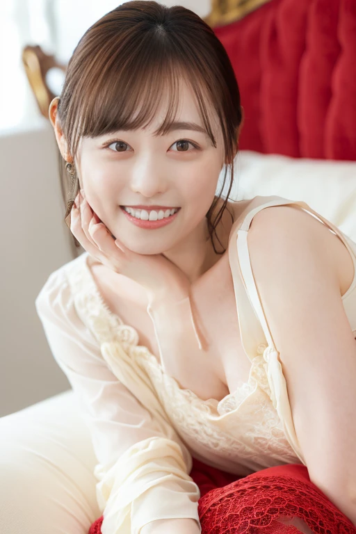 1girl, solo,(white snuggly wear:1.8),(cleavage cutout:0.2),(RAW photo, best quality), (realistic, photo-realistic:1.4), masterpiece, an extremely delicate and beautiful, extremely detailed, 2k wallpaper, Amazing, finely detail, extremely detailed CG unity 8k wallpaper, ultra-detailed, highres, soft light, beautiful detailed girl, extremely detailed eyes and face, beautiful detailed nose, beautiful detailed eyes,(soft light:1.8),(in the living room:2.0),perfect anatomy,(slender body:1.6),(close up face:1.8),(grin ,Friendly, warm:2.0),(looking at viewer:1.8),(japanese idol:1.8),(brown eyes:1.8),(wavy see through bangs:2.0),(sitting ont the sofa:1.8),