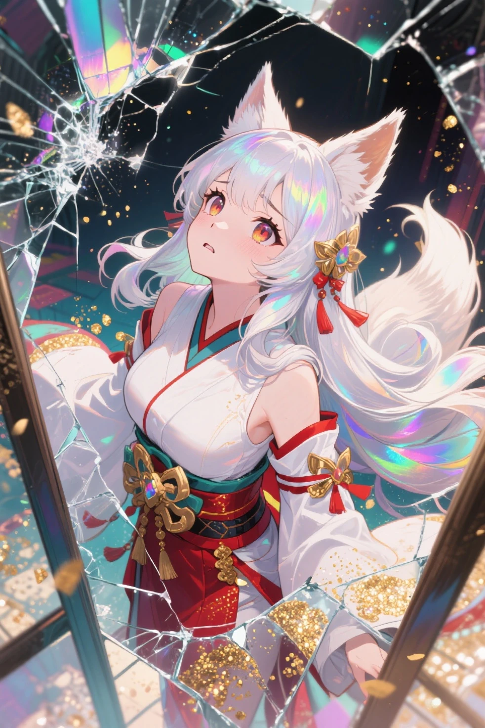 best quality, 8k, original photo, Ridiculous, Extremely detailed, Fox-eared maiden，baby face, No makeup, Provocative expressions，slim, Perfect proportion, White straight hair, (wind, wind-effect), Red Eyes, Various visual styles for backgrounds，combines various artistic elements，like a sparkling iridescent rainbow，Fox tail，Lace dress，wearing glasses