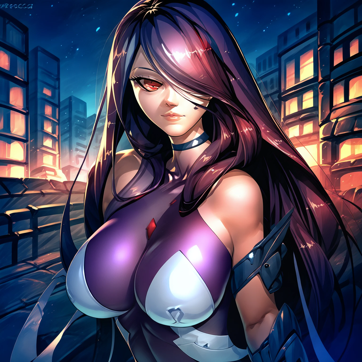 (masterpiece, best quality),1girl with long purple-black hair standing on the edge of a sky scraper, swedish face with sharp features, warm lighting, glowing purple eyes, golden-tan skin,detailed-beautiful eyes,gothic fantasy armour, purple make-up