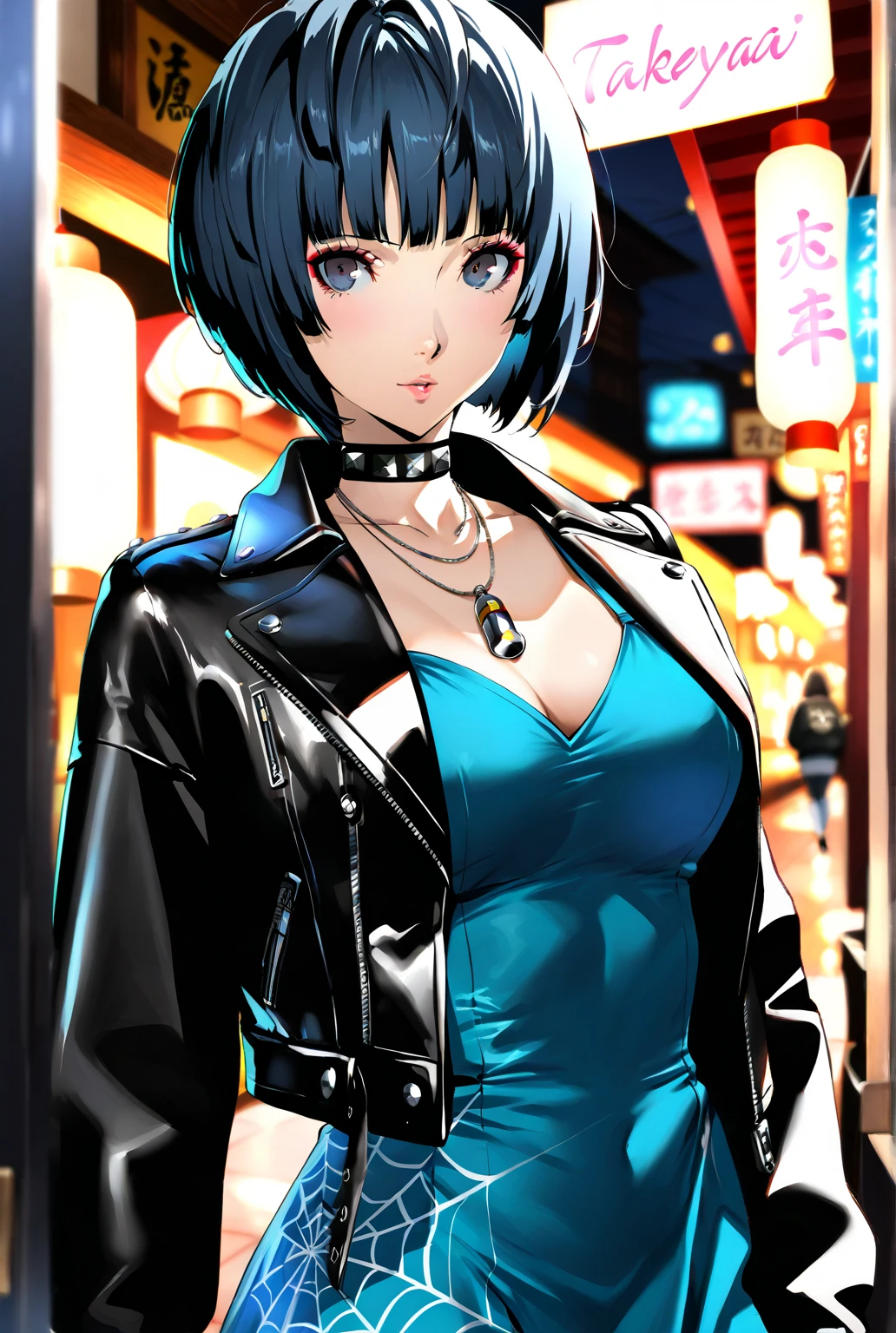 Masterpiece,detailed,High Resolutions:1.4) , Model photo, close, detailed face, fine and detailed eyes,, (Kirishima Touka),medium blue hair,ojo ghoul,retro jacket,Ghoul of Tokyo,Retrofuturistic background, vibrant colors, HDR,, ,