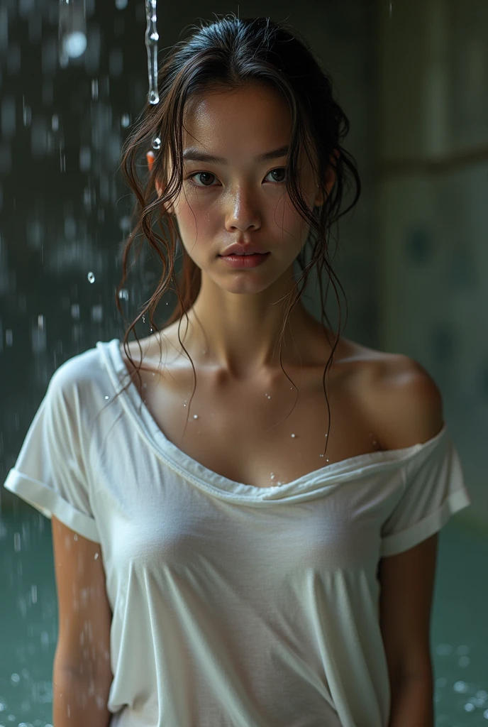 NSFW, 1womanl, (Light colored tank top), The costume is sheer, de pele branca, slender, Small buttocks, a shower, Dimly lit shower room, The whole body is wet with shower water, sodden, wetting hair, wetted skin, Wet, Shy face, surrealism, Cinematic lighting, depth of fields, One-person viewpoint, F/1.8, 135 mm, canon, nffsw, masutepiece, ccurate, Anatomically correct, Textured skin, Super Detail, high details, High quality, awardwinning, Best Quality, hight resolution, 1080p, 4K, 8K