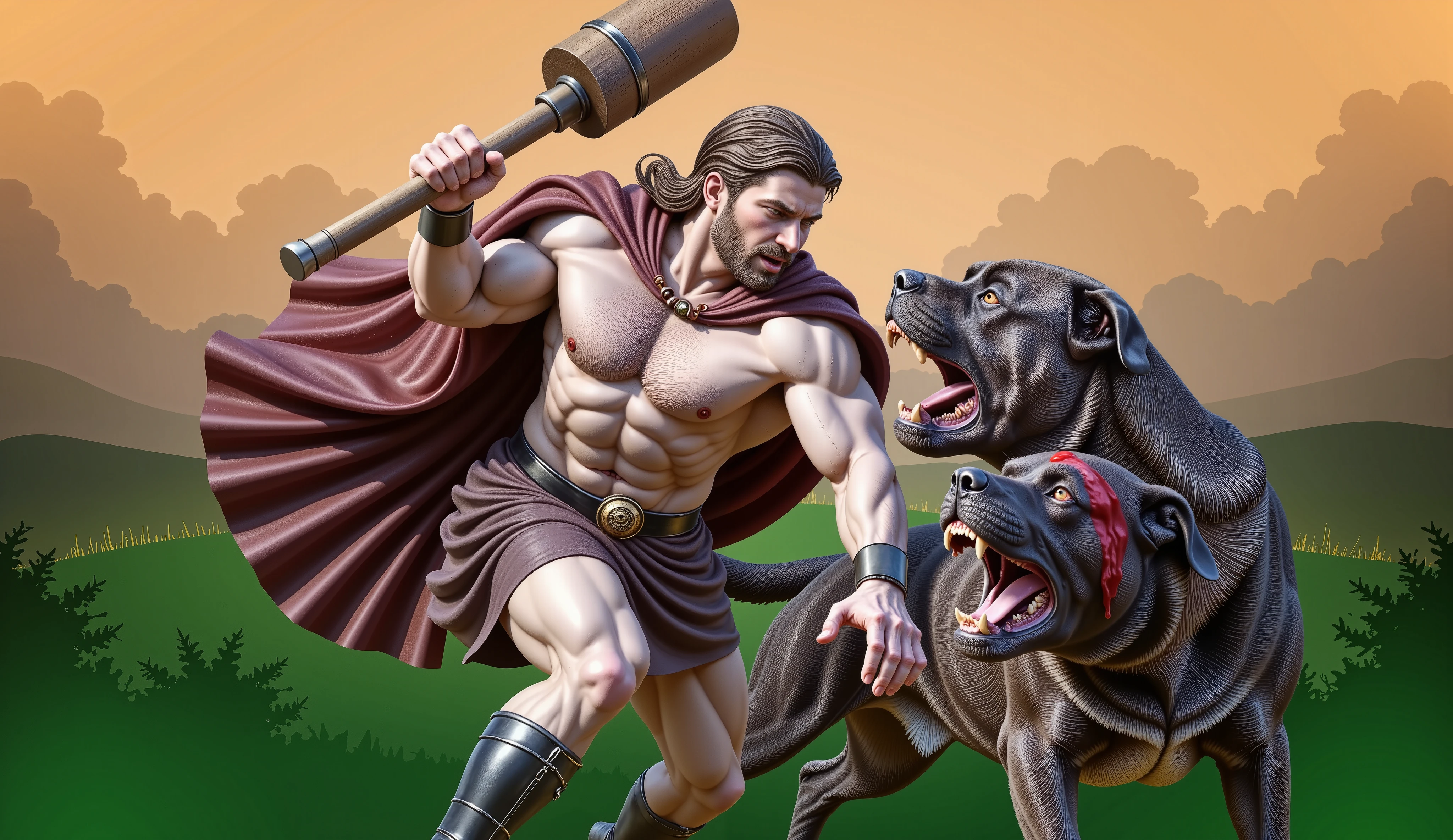 Hercules displays divine reflexes as he raises his mace and delivers a devastating blow, driving the enormous wooden weapon into one of Ortos' skulls. The monstrous two-headed black Cane Corso howls in pain, but its second head lunges forward, fangs bared, aiming for the warrior's arm. The scene is ultra-realistic, with deep shadows and dramatic lighting that highlight the intensity of the battle. BLOOD on the Dog's head.
