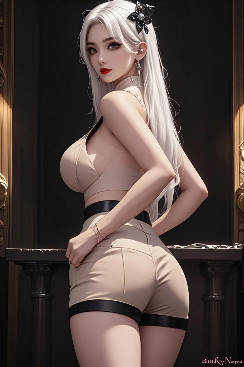 silver color hair, bared legs, (Weaponry room as background:1.3), wearing rosy pink suit and mini tight skirt, a girl with calm and rational personality, demonstrating a loyal and efficient approach to her tasks, human-like aspect to her, possess emotions and empathy, leadership and cooperation would be crucial traits for her in order to support the mercenaries effectively, 6-foot-tall mechanical being with a silver metallic exterior, boasts a futuristic design, sports data control gloves on her wrists, with small hardware interfaces on her fingertips, waist carries a belt containing communication devices, hacking tools, and other accessories, 8k, masterpiece, RAW photo, best quality, photorealistic, extremely detailed CG unity 8k wallpaper, Depth of field, Cinematic Light, Lens Flare, Ray tracing, (extremely beautiful face, beautiful lips, beautiful eyes), intricate detail face, ((ultra detailed skin)) 1girl, in the dark, deep shadow, pretty korean girl, kpop idol, 1 girl, (very slim slender fit-muscled body:1.3), ((looking at viewer)),(big smile:1.3), (blurred background), fashion street night),(without people in the background:1.3), beautiful earrings, bracelets, necklace, pantyhose, clear eyes, walking, (pale skin), (big eyes), face forward, (brown hairs), (full body shot), ((silk hot silver color dress:1.3)), ((tight fitting dress)), ((laced dress)), (looking at viewer:1.3), open breast, very slim, medium breasts, (sitting), brow front, (tight dress), thick thighs