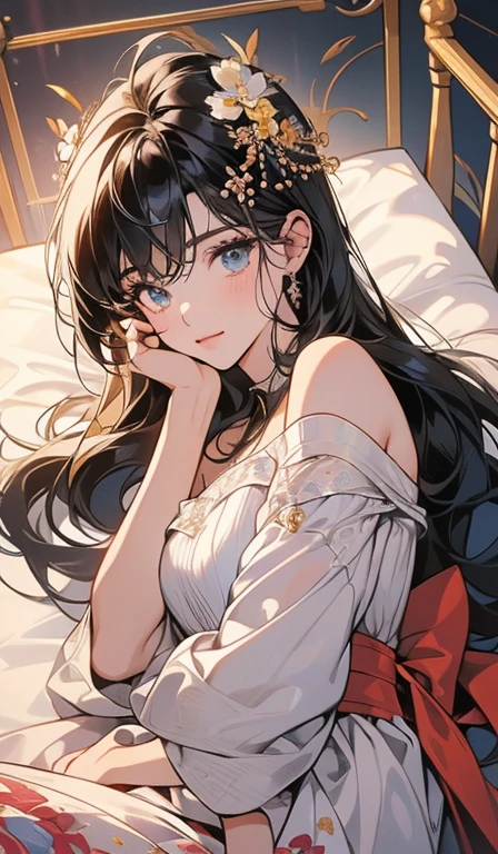 masterpaintings, Best quality, A high resolution,Best Quority,A princess,One man,Long navy blue hair,vacant eyes,Upper body dress,Long thick socks,lacepantyhose,Lolita heels,Crystal wedding shoes,necklac,pearls,sea shell,ocean swells,seas,the sea,fishs,Ship,hyper-detailing,Best picture quality,White Crown,masterpaintings,head piece,hair adornments,Complex details,
