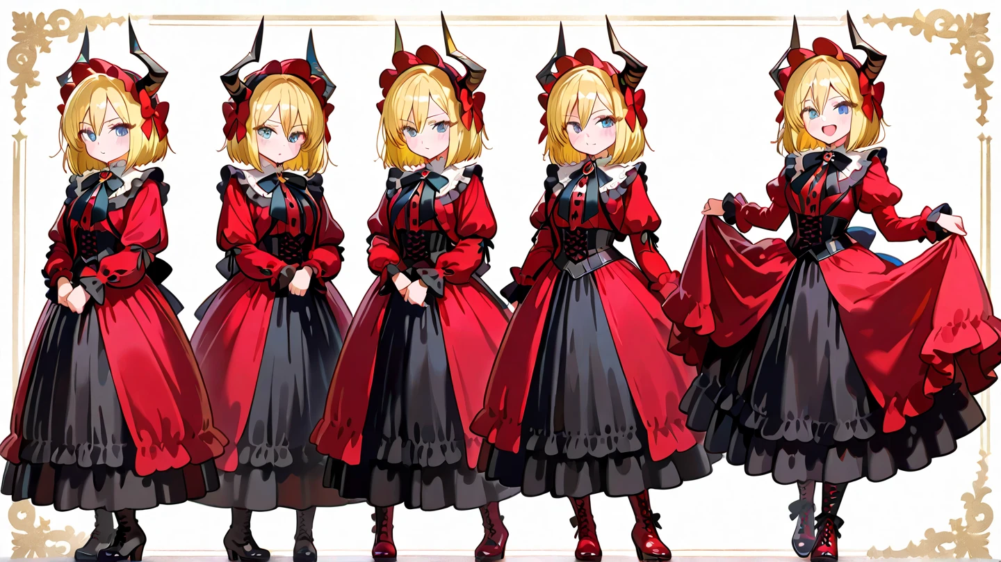 Masterpiece: 1.6, best quality: 1.4, live image: 1.2, intricate details: 1.2, charturnerv2: 1.2, 1lady full body character change, Appearance: young: 1.25, thin: 1.3, blue eyes, thick eyelashes,medium breasts, detailed eyes, quality eyes, Clothing: adapted costume, swimsuit:1.3 Accessories: red bow, red ribbon, Hair: blonde hair, short hair, semi curly hair, natural, shiny skin, (single background, white background:1.8), transparent Background, multiple views, multiple views of the same character in the same outfit: 1.3., character sheet: 1.2, multiple facial expressions: 1.3, seductive smile, sexy, shaded face, white legwear, white thighhighs, blush, nose blush:1.2