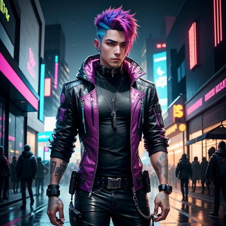 gostaria de uma imagem estilo cyberpunk em 4k de um homem de mais ou menos 19 anos , forte, de pele negra ,com cabelo punk estilo anos 80 na cor amarelo e cinza escuro,muito eLegante,, futurista e estiloso neon , com uma tatuagem super colorida e com neon ,Toattoo, facing a metro station on the platform , with station lights failing in a dimly lit environment, standing dressed in a dark yellow suit with a pink bow tie