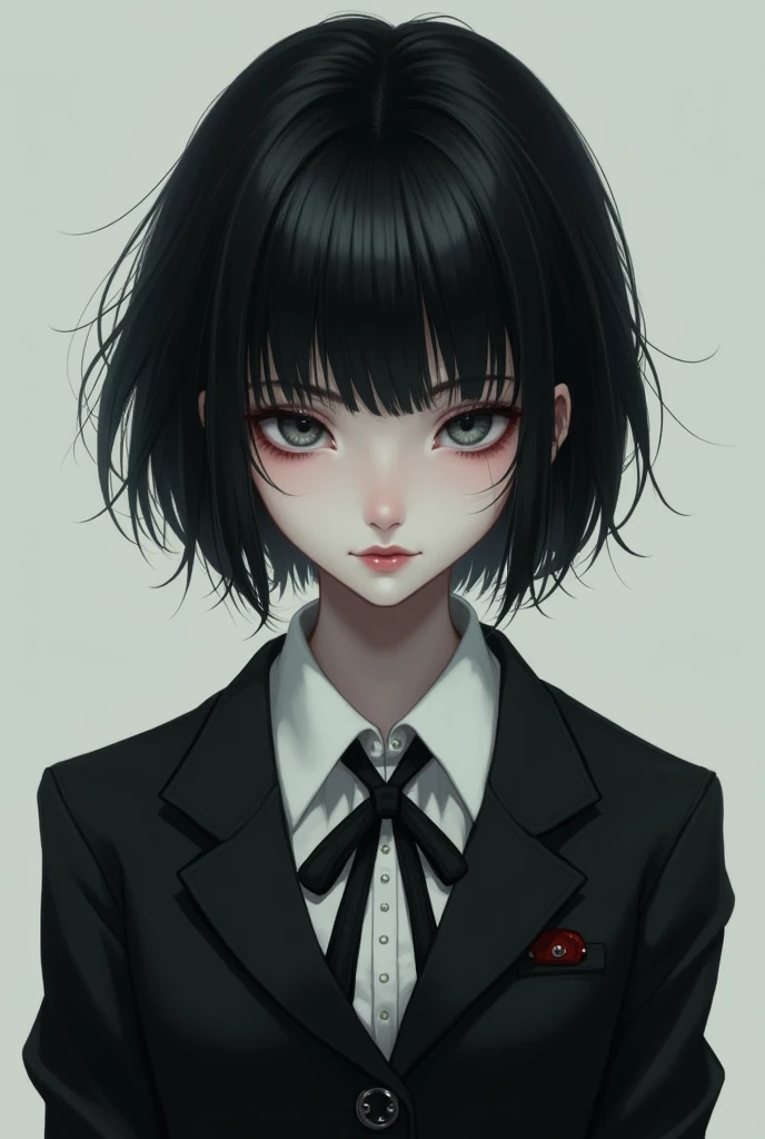 A girl with short black hair, skin fair, red eyes, scar on face looking up, Lightly open mouth , when a suit 
