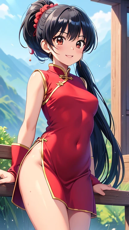 (High resolution), (32K), (very very highly detailed), (Best illustration), (beautiful and delicate eyes), (best quality), (super detailed), (master piece), (Detailed and delicate face), solo,Highly detailed face and skin texture,fine eyes,double eyelid,Spread your legs and use props、 embarrassing smile,shy face、spread legs,high details,Wear pin heels,(dynamic pose),1 girl, black long hair , black eyes, long legs, (camel toe),(((big breasts)))、Exposing genitals without wearing pants,camel's toe,The protruding PUssy ,cocked ass,I grew up sexy、(((Gorgeous long Chinese dress with flower pattern)))、Forehead、best style、nipple