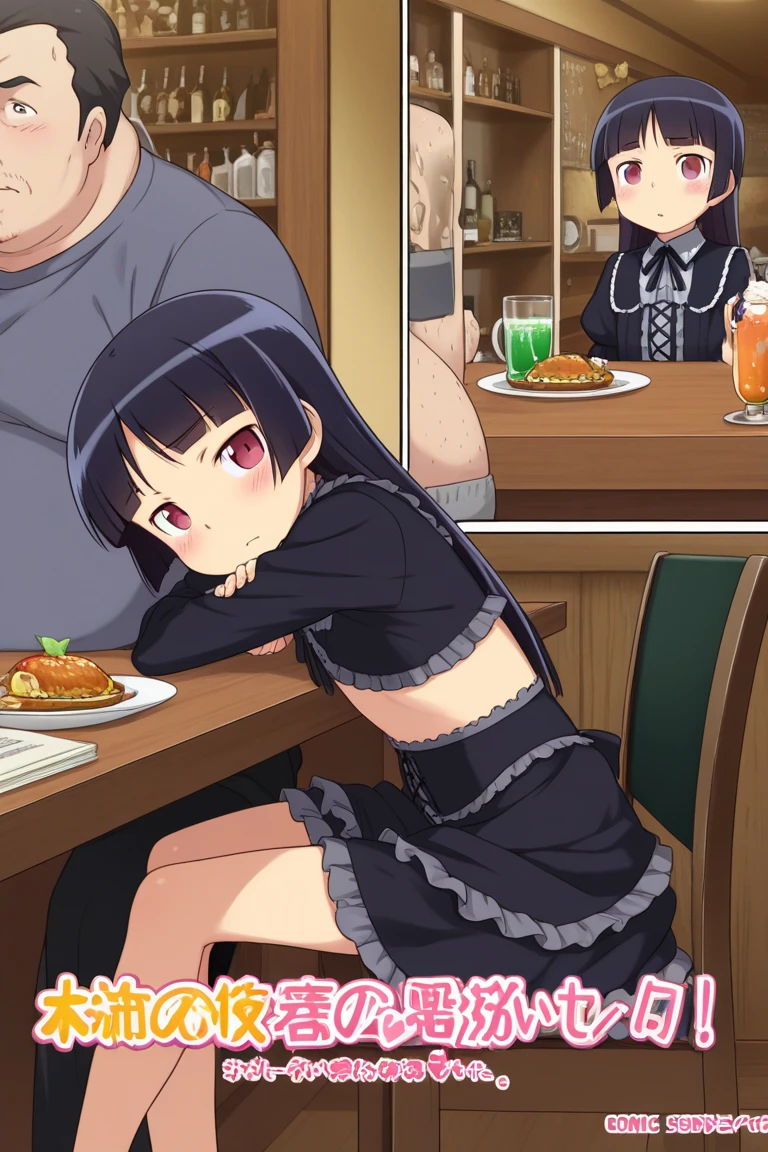 Young girl with black hair, long twintail, twintail hairstyle, (blue eyes), ((small bushy eyebrows)), ( she trying to stand), wearing lolita dress, lolicon , walking to school, flirty smile , suddenly having sex in public, ((doggy style sex)), ((public sex in a restaurant)) naked ass in the male crotch, ), perfect anatomy,(young boy fucking her)