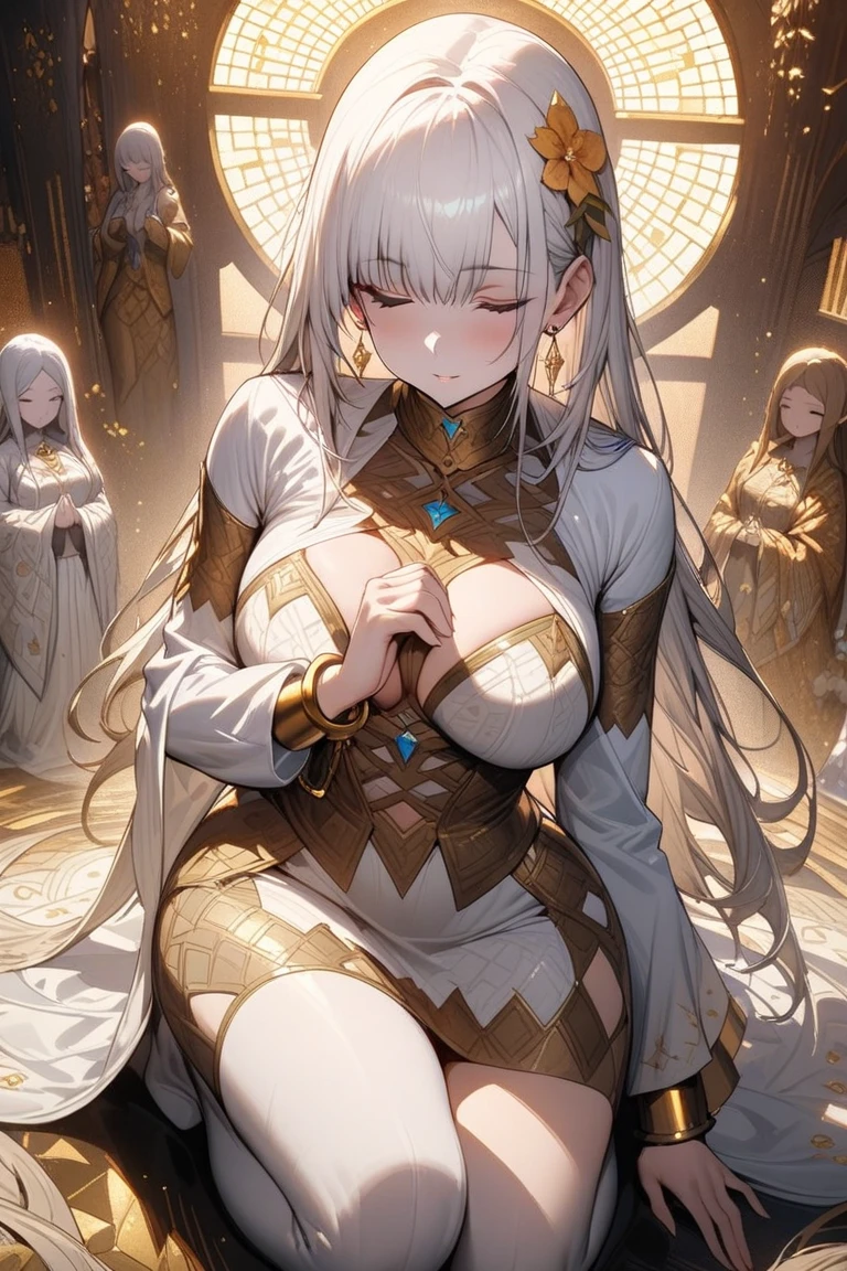 (((mama:1.1,White hair))),(thick thighs:0.9),(huge breasts:1.2),(embarrassing:1.3,smile:0.9),(Sitting with legs crossed),(ecstasy:1.2),(relax:1.1),(tears:1.1),(lace panties:0.8),(vapor:1.1),(Sweat:1.2),(Long Sleeve),(((red and gold cross))),((at the Mega Church, During Mass)).(nun:1.1),masterpiece, highest quality, very detailed, dynamic angle, ((perfect hands)), detailed shiny skin, thin hair, fine eyes,), amazing background, meaningful background, absurd background, artistic overlay, and colorful hair. The style is surrealism, cinematic lighting, ray tracing,sacred light, Surrealism,From below,nsfw