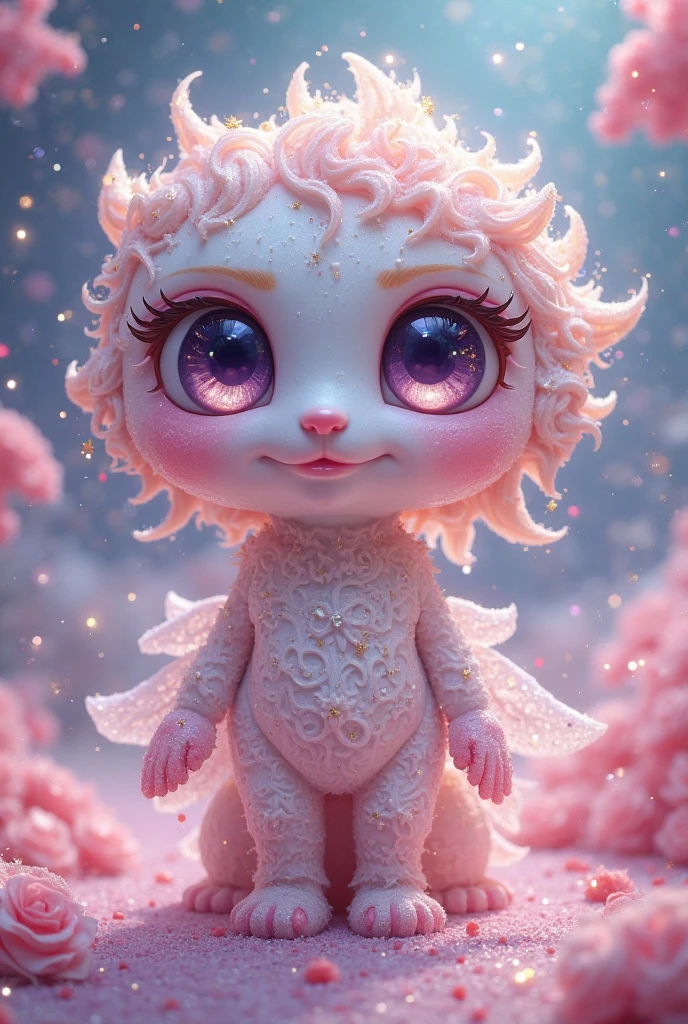 masterpiece), ((photorealistic ultra-detailed image, little, adorable, rounded strange smiling baby creature)), ((ultra-detailed soft spongy fluffy fur)), black and white fur, (intense blue and red eyes), photorealistic ultra-detailed jungle temple ruins background, 8K, (spongy fluffy style), volumetric lighting, volumetric shadows, ((ultra-detailed high resolution fur texture)), (ultra-detailed eyes reflexion), ((photorealistic ultra-detailed colorfull fairy wings)), ((releases glitter powder)) <lora:more_details:0.6>