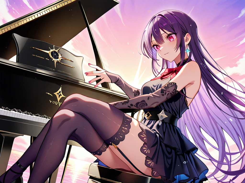 Takamine Takane sitting in front of a piano, playing a piano (shiny black wood with gold details), elegant posture, side view, dressed in a Gothic ta concert outfit:
Short black velvet dress (sheer lace sleeves, red bow at the waist),
Silk stockings with decorative seams (ripped at the knees),
Low-heeled shoes (silver buckles), fingerless gloves,
Long purple hair (loose strands illuminated by ambient lighting).
Posture and expression:
Hands on the keyboard (nimble fingers, dark red-polished nails),
Concentrated face (lips parted, eyes squinted with emotion),
Legs crossed (thighs slightly visible under the skirt).
Fantastic Setting:
Floating stage on a mirror of infinite water (a perfect reflection of the sky):
Piano suspended over the water (small ripples to the rhythm of the music),
Sunset sky (purple, pink, and gold tones),
Special Effects:
Lighting: soft and dramatic (sidelighting creating elongated shadows in the water),
Textures: details on the piano (polished wood, ivory keys), transparencies in the lace,
Style: Fantasy anime with influences from Makoto Shinkai (hyper-detailed skies),
Technique: Digital painting (visible brushstrokes in the clouds, saturated but harmonious colors).
Melancholic:`(teardrops:1.3), (broken clock floating:1.2), (blue tone:1.1)`
