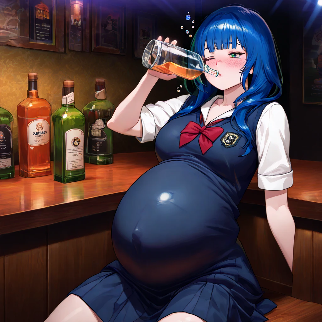 obra maestra, mejor calidad, 1 girl in, solo, kirlia, cabello verde, ojos rojos, piel verde, cabello corto, club nocturno, bar, en un bar, embarazada, piel palida, avergonzada, embarazada, pregnant, vientre de embarazo, en un celda, prision, en una prision, traje de recluso, traje de prision, prisionera, ((embarazada)).