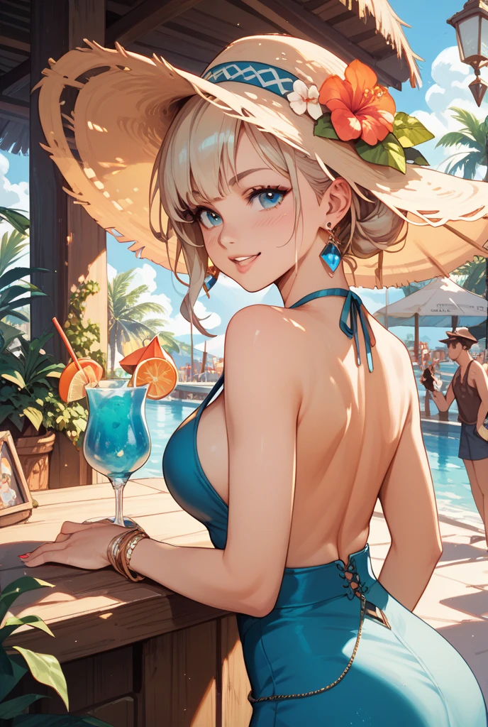 (best quality:1.3), (4K quality),masterpiece, best quality, high res, detailed, (Detailed face:1.2), (Detailed eyes:1.2), (Hourglass figure:1.2), CARTOON, ANIME, CARTOON ARTSTYLE, 1girl, solo, 36-years-old, tan olive skin, short blonde hair, pony tail style, emerald eyes, eyeshadow, mascara, red lipstick, puckered lips, ((Wearing a flossing green bikini and sunglasses)), walking, ((holding a martini glass in one hand)), beautiful beaches, palm trees, beach resort, recliners, laying down on recliner, beach vacation, summer getaway, relaxed atmosphere, cinematic lighting, sunset, detailed background,