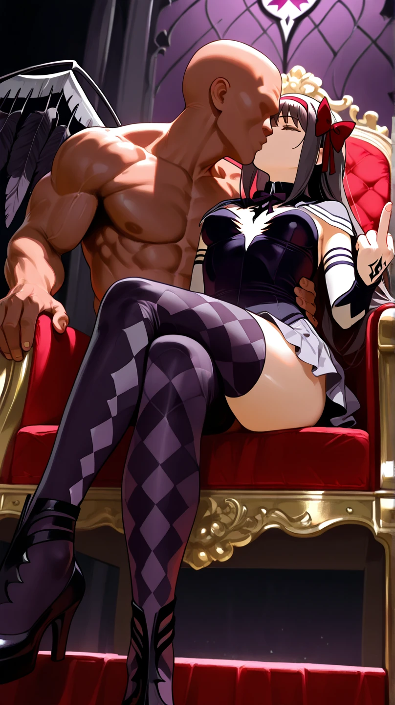 score_9, score_8_up, score_7_up, score_6_up, uncensored, atago_\(azur_lane\), black hair, kemonomimi, bangs, long hair, brown eyes, mole_under_eye, BREAK (masterpiece:1.2), best quality, high resolution, (beautiful detailed eyes:1.3), perfect lighting, (perfect hands, perfect anatomy), large breasts, sagging breasts, white thighhighs, detached sleeves, frills, bow, navel, 1girl, breasts, hetero, sex, 1boy, penis, nipples, vaginal, grabbing, clothing aside, testicles, grabbing another's breast, navel, spread legs, pussy, dark-skinned male, blush, single glove, gloves, clenched hands, clenched teeth, fingerless gloves, outdoors, ruins, tree, palm tree, armlet, sweat, shivering, shock, water drop, sweating, drooling, from below, bulge stomach, cum, creampie, milk, sweating, dirty, injured, nsfw