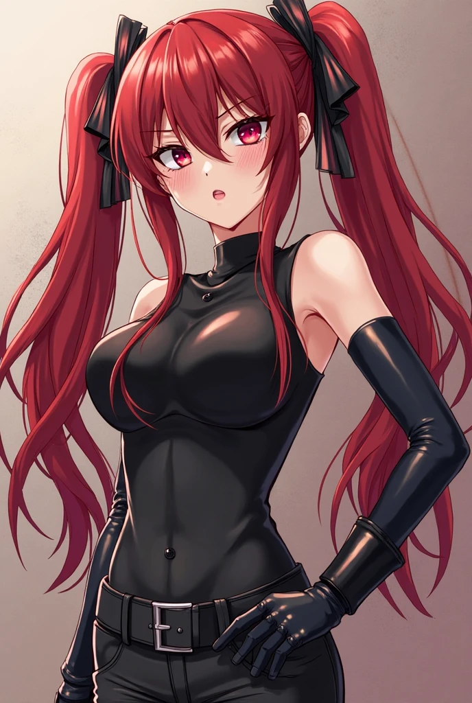 8k, highres, ultra detailed, (masterpiece:1.4), best quality, symmetrical body, (Black strapless short leather dress:1.4), choker, cute, solo, earrings, long hair, (red hair:1.4), blue eyes, glow effect, finely eye, grinning, wide smile, detailed face, looking at viewer, smilling at viewer, bedroom, angled view, big breasts, teasing, seductive look