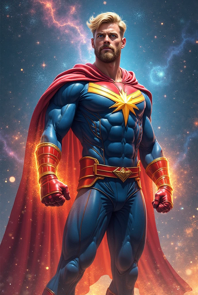 Superhero man, 35 year old young man, sem beard, with a costume in yellow details and a red star in the center of the chest, wering a red cape, floating in the sky