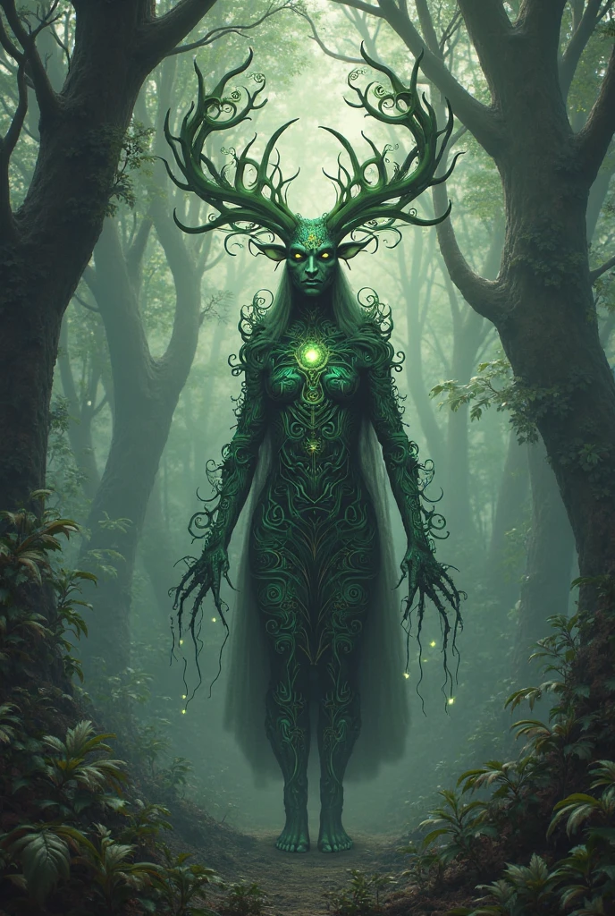 Design a 2D stylized character named 'Willow,' a tree guardian embodying the essence of nature. Willow should be depicted as a majestic, humanoid figure with bark-like skin, branches extending from its back, and leaves growing from its limbs. The character should have a serene expression, symbolizing its role as a protector of the forest. The color palette should include earthy tones of brown and green, with glowing accents of light green to represent life energy. The background should feature a mystical forest with ancient trees, soft sunlight filtering through the canopy, and a sense of tranquility