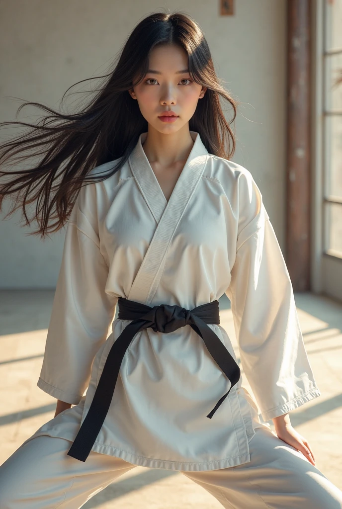 alone、high school girl、16 years old、Natural body shape、White skin、Natural Makeup、Black Hair、bangs、Straight Long Hair、、((((White judo uniform、Black belt))))、、Standing with legs apart、(((((Big Breasts)))))、(((Small size pure white panties)))、((The upper body is wearing a judo uniform))、dojo、(((Looking at the camera)))、Thighs exposed、(((Head to thigh portrait)))、((Her chest is exposed))