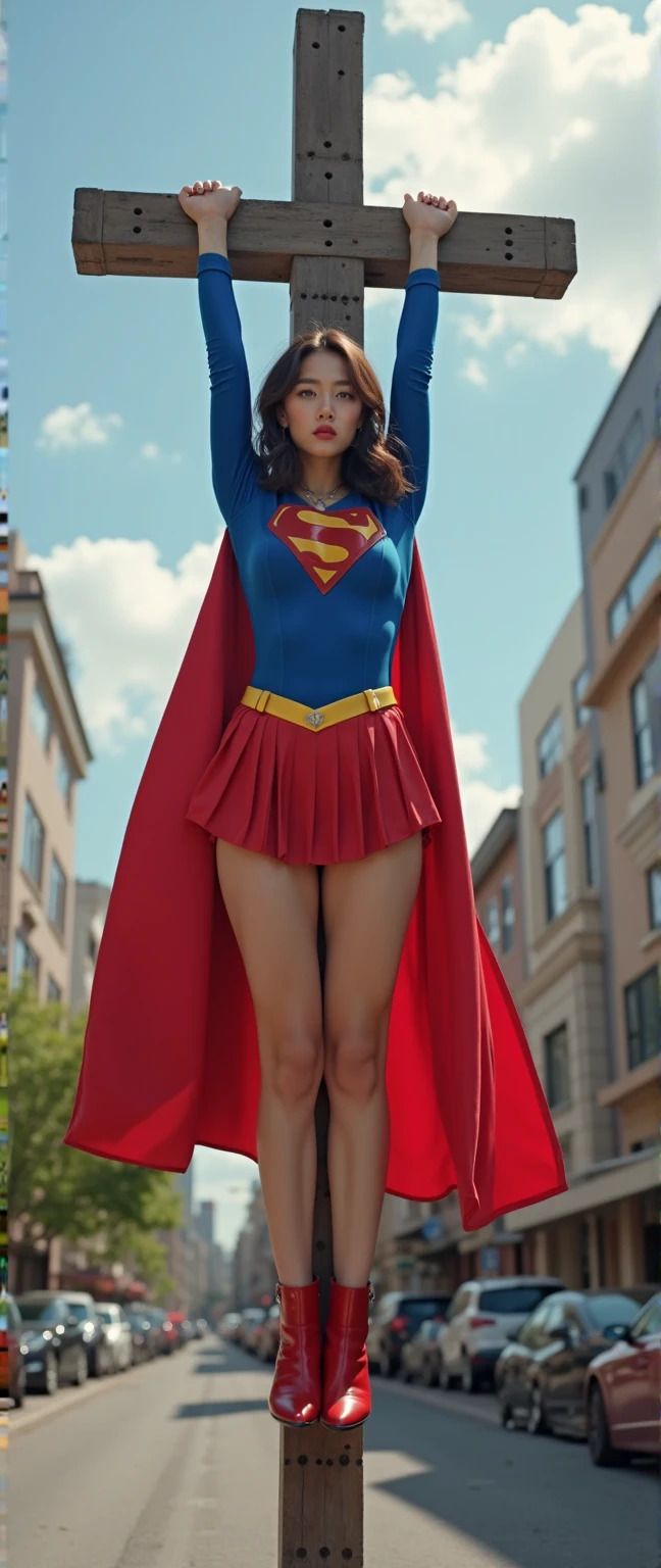 (from below), a girl, (supergirl:1.2),
blonde hair, long hair, (red long cape),
(huge breasts:1.3), (strong wind:1.4), (red skirt), (upskirt:1.4), (cameltoe:1.4), (thick thigh:1.3),
transparent (pantyhose:1.4), boots,
blue sky,
(best quality, high quality:1.4) <lora:nude:0.33> <lora:pnx_windyUpskirt:0.5> <lora:Supergirl:0.6>