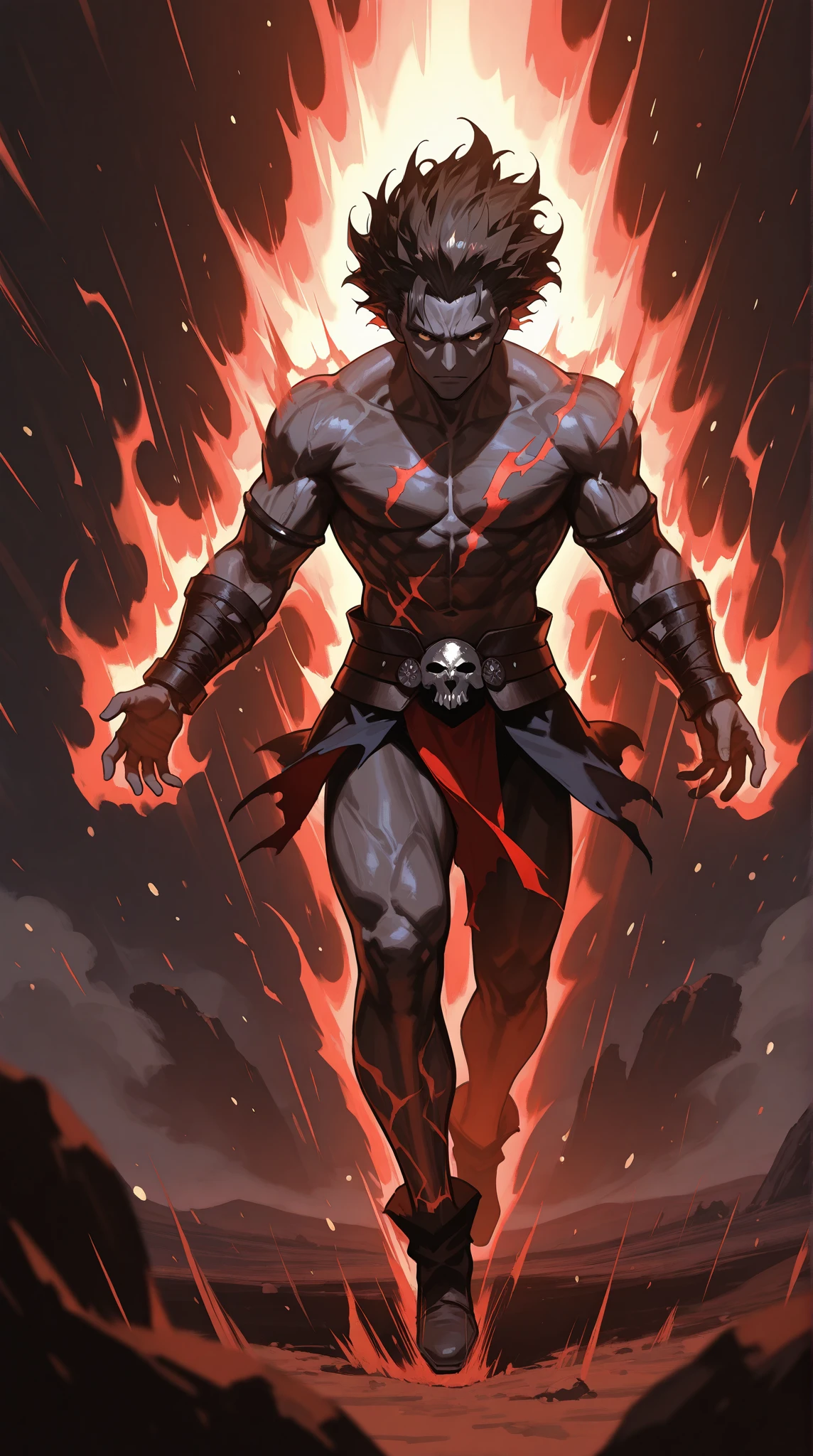 a close up of a man with a fire on his chest, muscled humanoid balrog demon, djinn man male demon, oni, badass anime 8 k, symmetry!! portrait of akuma, male djinn man demon hybrid, extremely detailed artgerm, muscular male hero, portrait of kratos, detailed game art, darksiders art style, demon male