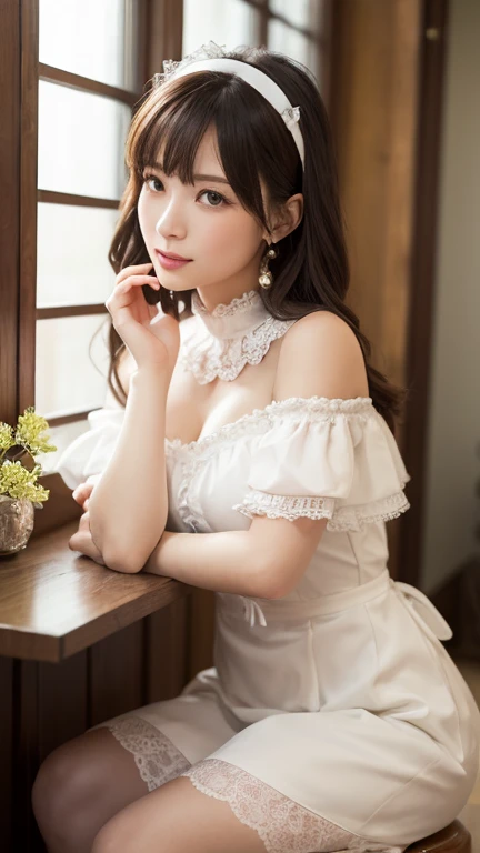 ((Light garden porch background)), (lo-fi), (soft focus), high quality, masterpiece, high definition, high definition, high resolution, 4K, ultra high definition, ultra high definition, ultra realistic shadows, ultra realistic, dramatic lighting, one girl, solo, detailed face, realistic eyes, realistic skin, dynamic hair, dynamic pose, dynamic angle, white flower dress, white background, ulzzang-6500-v1.1, (raw photo: 1.2), (photorealistic: 1.4), beautiful detailed girl, highly detailed eyes and face, beautiful detailed eyes, ridiculous, incredibly ridiculous, huge file size, super detail, high resolution, very detail, highest quality, (bright indoors), (soft light), (low contrast), (shallow depth of field), ( Portrait of a beautiful woman illuminated by gentle light), (very delicate and elegant depiction), (short length bangs), (hair color is dark chestnut with a slight brown tone), (hair with subtle gentle waves), (small braid intricately woven on the sides of long hair), (decorated with thin ribbons), (white blouse with small ruffles), (bow tie), (blue long skirt), ( white short ankle socks with frills), illustration, very detailed, CG, unification, 8k wallpaper, amazing, fine detail, best quality, highly detailed CG unified 8k wallpaper, face light, movie lighting, 1 girl, 16 years old, (without panties)), (dynamic pose))), (camel toe), (half), (bent knees and legs sitting))