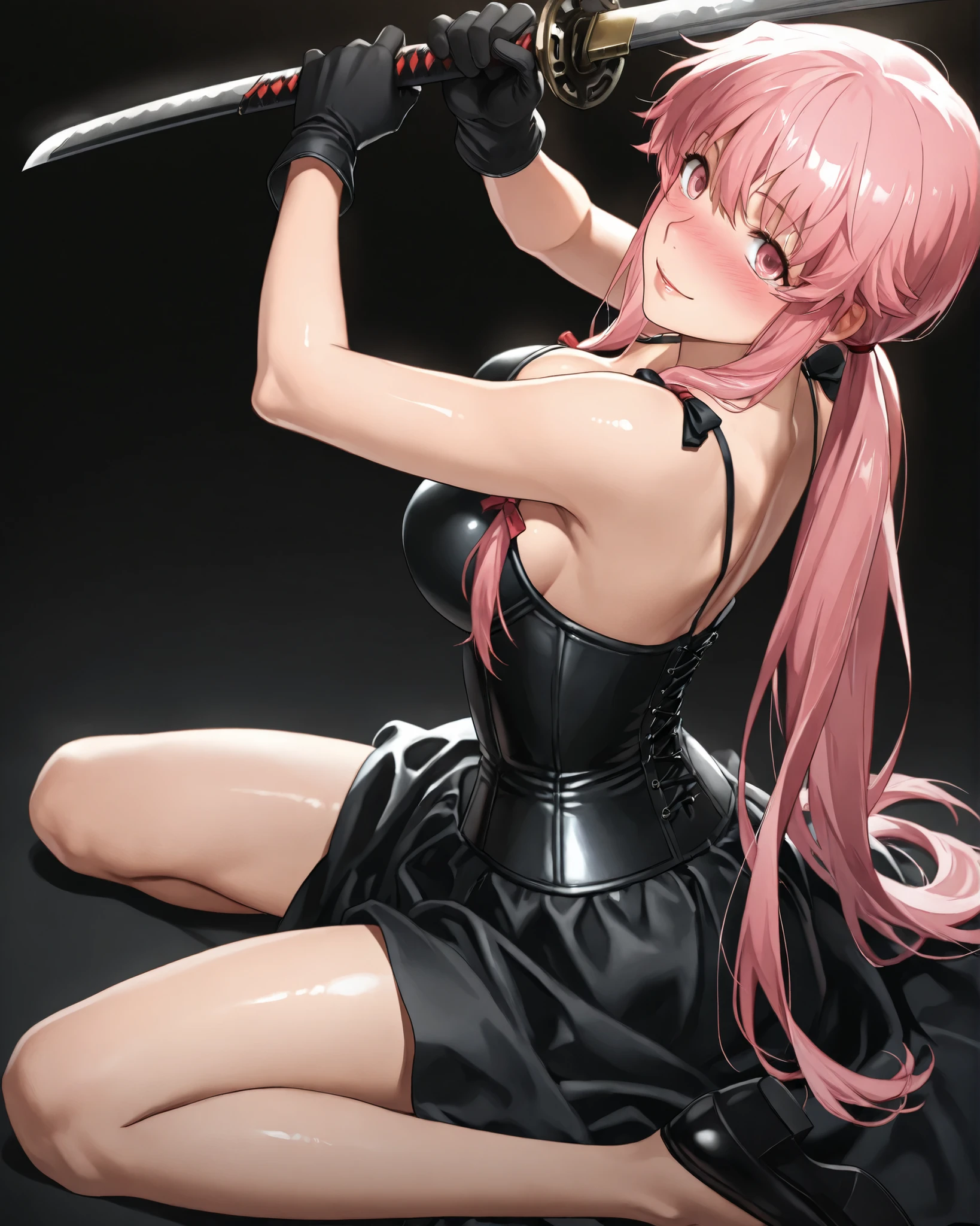 closeup, Sluisap, eyes、usnr、GBF_style、748cmstyle、32K、Semi-realistic、 super detailed description 、Artwork、Original Works、 detailed color、 detailed eyes、 detailed lips 、 The Greatest Masterpiece、Professional work、large Breasts、 Death note character , Misa Amane , Misa Amane , solo , 1 girl , alone , ( Misa Amane :1.3 cosplay ) , dark background , cowboy shot, , full frame , full length , shiny body, sexy ,( full body view1:3), , full body view , blue eyes color , normal breast , looking at the viewer ,sitting , bare legs seductive smile , blushing , black background , full body view , sitting on all fours , arched back , wearing a closeup, Sluisap, eyes、usnr、GBF_style、748cmstyle、32K、Semi-realistic、 super detailed description 、Artwork、Original Works、 detailed color、 detailed eyes、 detailed lips 、 The Greatest Masterpiece、Professional work、large Breasts、 Future diary character , Yuno Gasai , Yuno Gasai , (Yuno Gasai:1.3 cosplay ) , dark background , cowboy shot, , full frame , full length , shiny body, sexy ,( full body view1:3), , full body view , blue eyes color , normal breast , looking at the viewer , bare legs seductive smile , blushing , black background , full body, holding a katana , black gloves , sitting , back view , evil laugh , nose blush , evil , wearing a black sleeveless dress with a fitted, corset-style bodice, The dress has thin shoulder straps, tied into small bows, , pink hair ,pink eyes , action pose