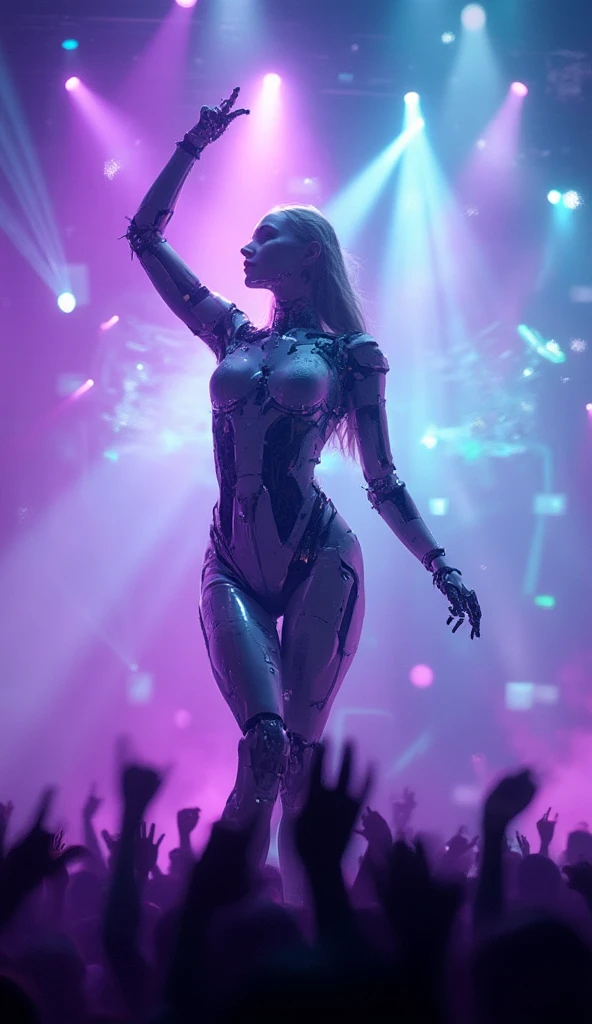 A girl with long white hair,wearing a very sensual black and white pop diva outfit ,a silver thigh-high boot,I want her with a microphone in her hand singing at a show with lots of people,um palco enorme do superbowl