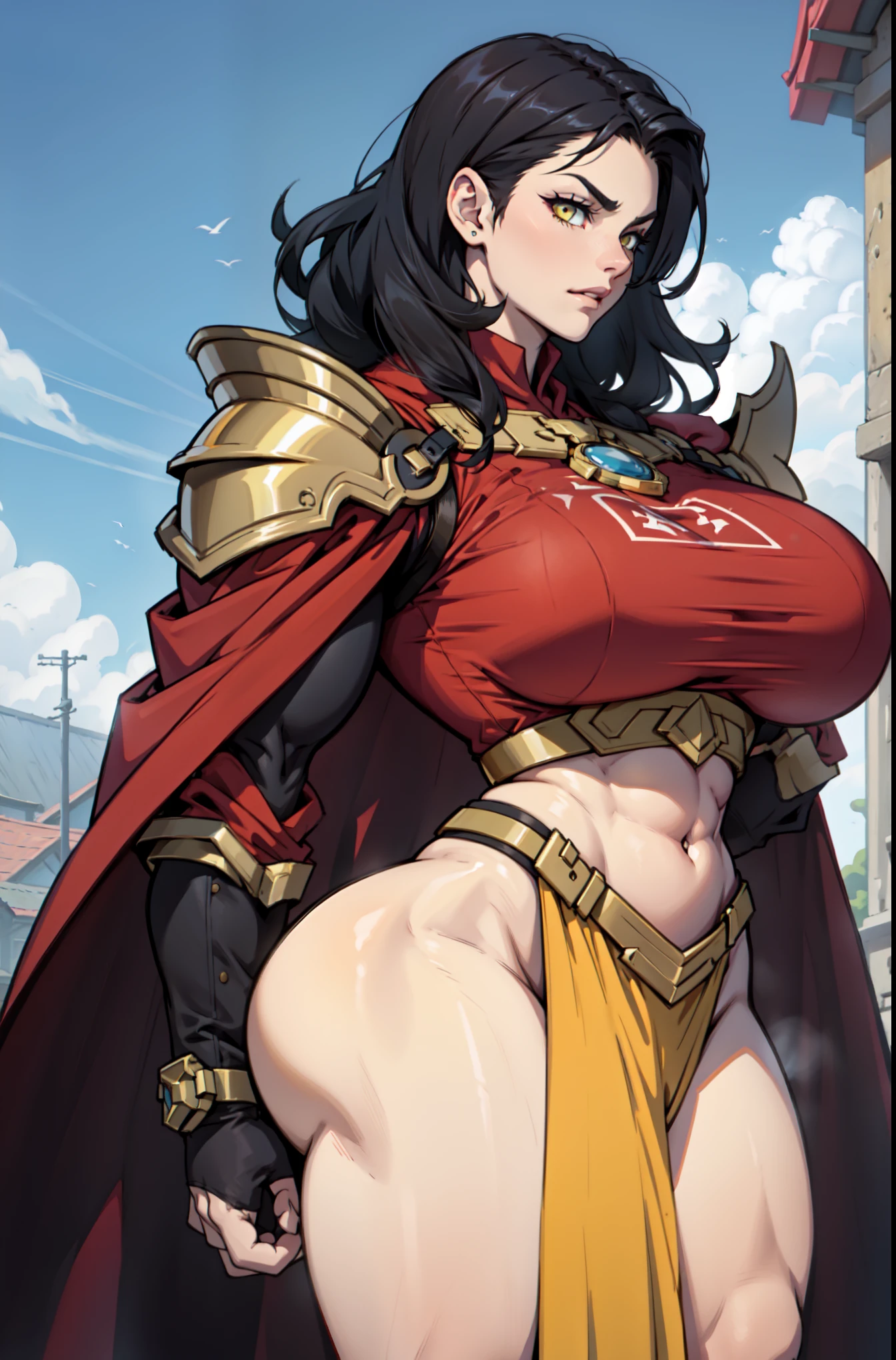 woman full body toe to head, short bob hair, white hair, feet together, high boots, big breast big knockers, hands on hips, red tattoo on belly navel, lustful smirking smile face, bedroom background, royal bedroom
