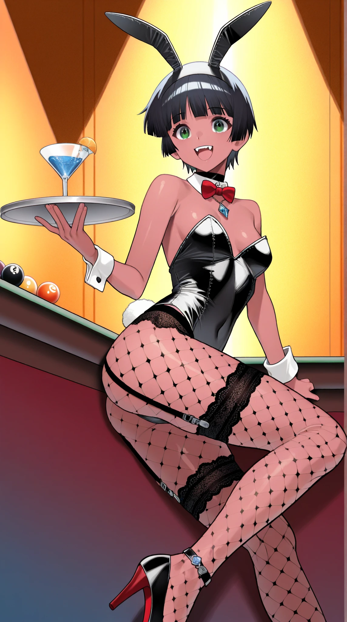 Young Girl,with a very beautiful appearance,Medium breasts,beautiful physique,black hair tied into a high ponytail with a black elastic band,white eyes,With a rude look,dressed in a sexy black tight dress,erect nipples,sexy fishnet stockings and thigh straps, High Black Shoes,black choker on the neck, cheesy posing while standing slightly bent over,Makes Achegao, is in a strip club