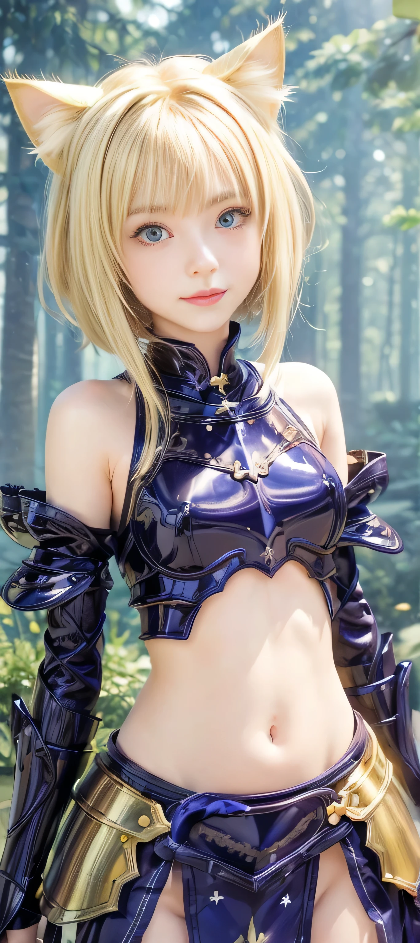 masterpiece, best quality, (realistic,photo-realistic:1.4), (RAW photo:1.2), extremely detailed CG unity 8k wallpaper, delicate and beautiful, amazing,finely detail, official art, absurdres, incredibly absurdres, huge filesize, ultra-detailed,extremely detailed eyes and face,light on face,alice zuberg,(little smile),(blonde hair:1.4),(very short hair:1.5),forest background,(cat ears:1.5),(armor:1.5),god cloth